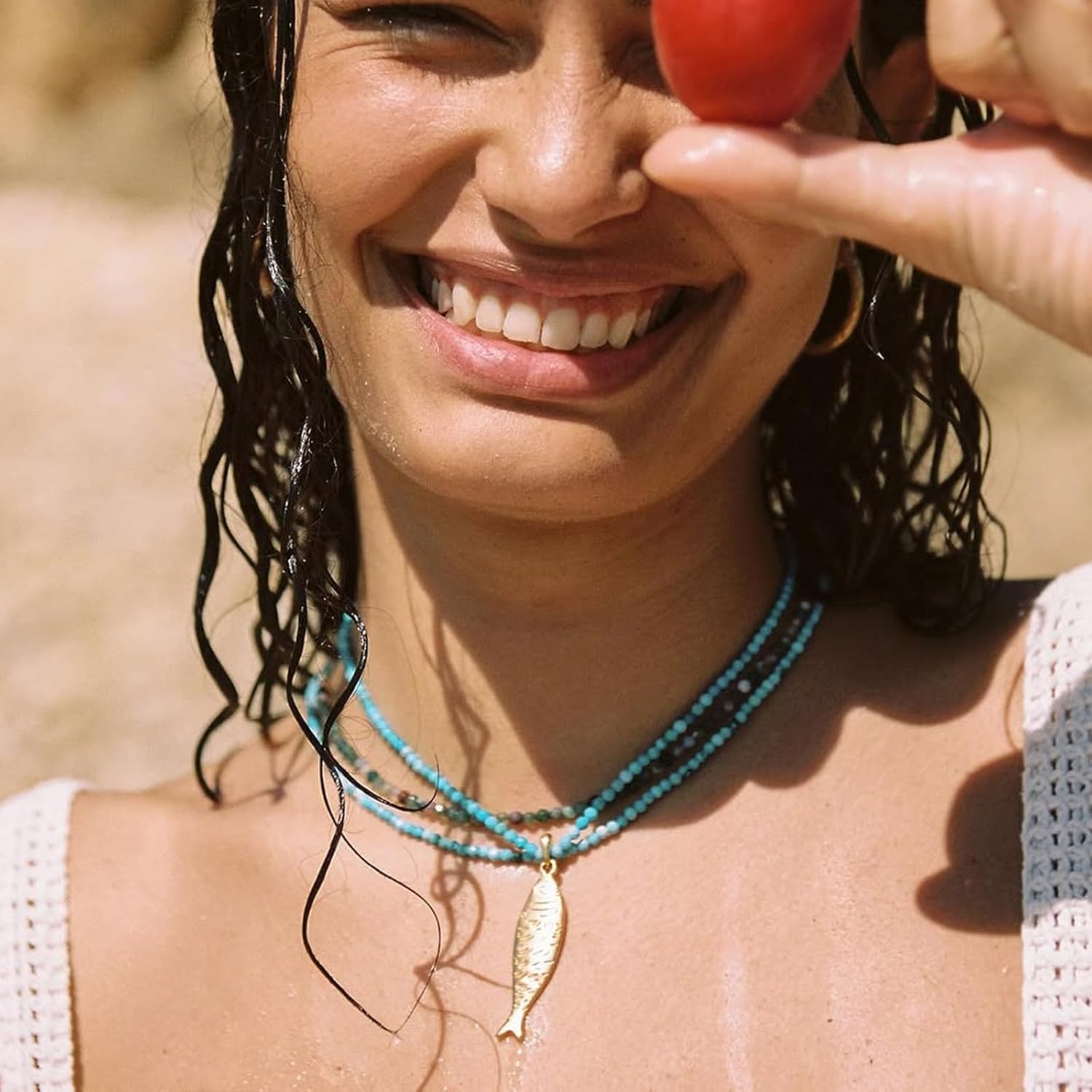 Boho Fish Necklace for Women - Blue Natural Stone Fish Pendant Necklace, Bohemian Beach Jewelry Colourful Jewelry for Summer Vacation - Image 3