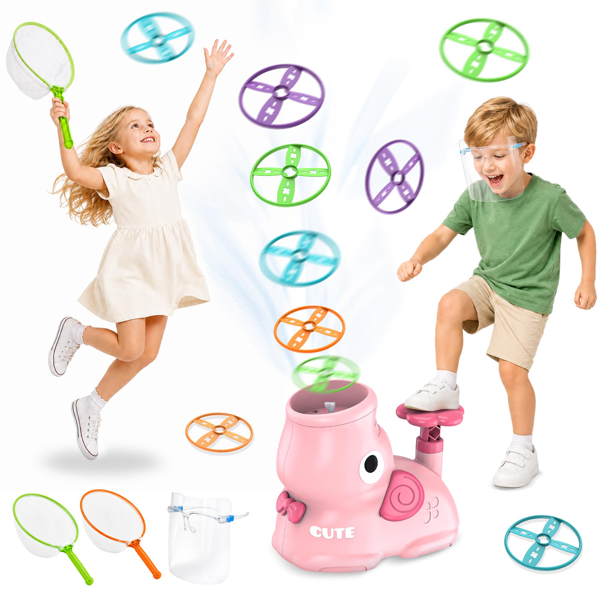 Kssvzz Outdoor Toys for Kids Age 4-8, Garden Toys - Flying Disc Launcher Toy with 8 Discs & 2 Catch Nets, Outside Activities Chase and Catch Game, Birthday for Boys Girls 3-12,Pink