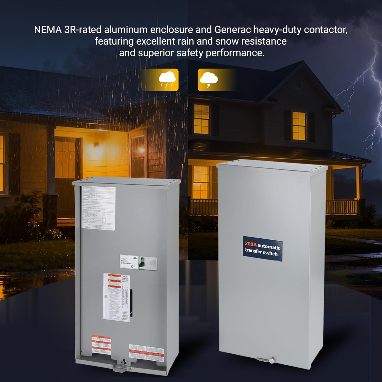 Universal 200A Automatic Transfer Switch with Power Management,Replacement for Generac RXSW200A3. Features a Rugged NEMA 3R Aluminum Enclosure for Outdoor use.