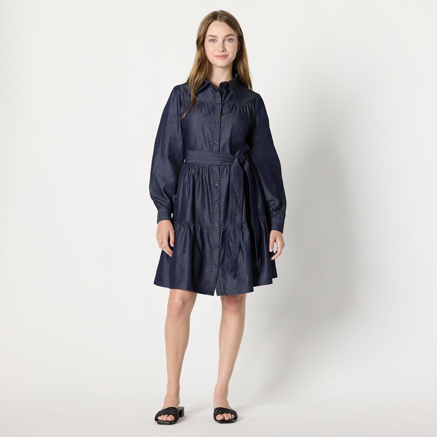 Amazon Essentials Women's Fit and Flare Denim Chambray Long-Sleeve Tiered Shirtdress - Image 5