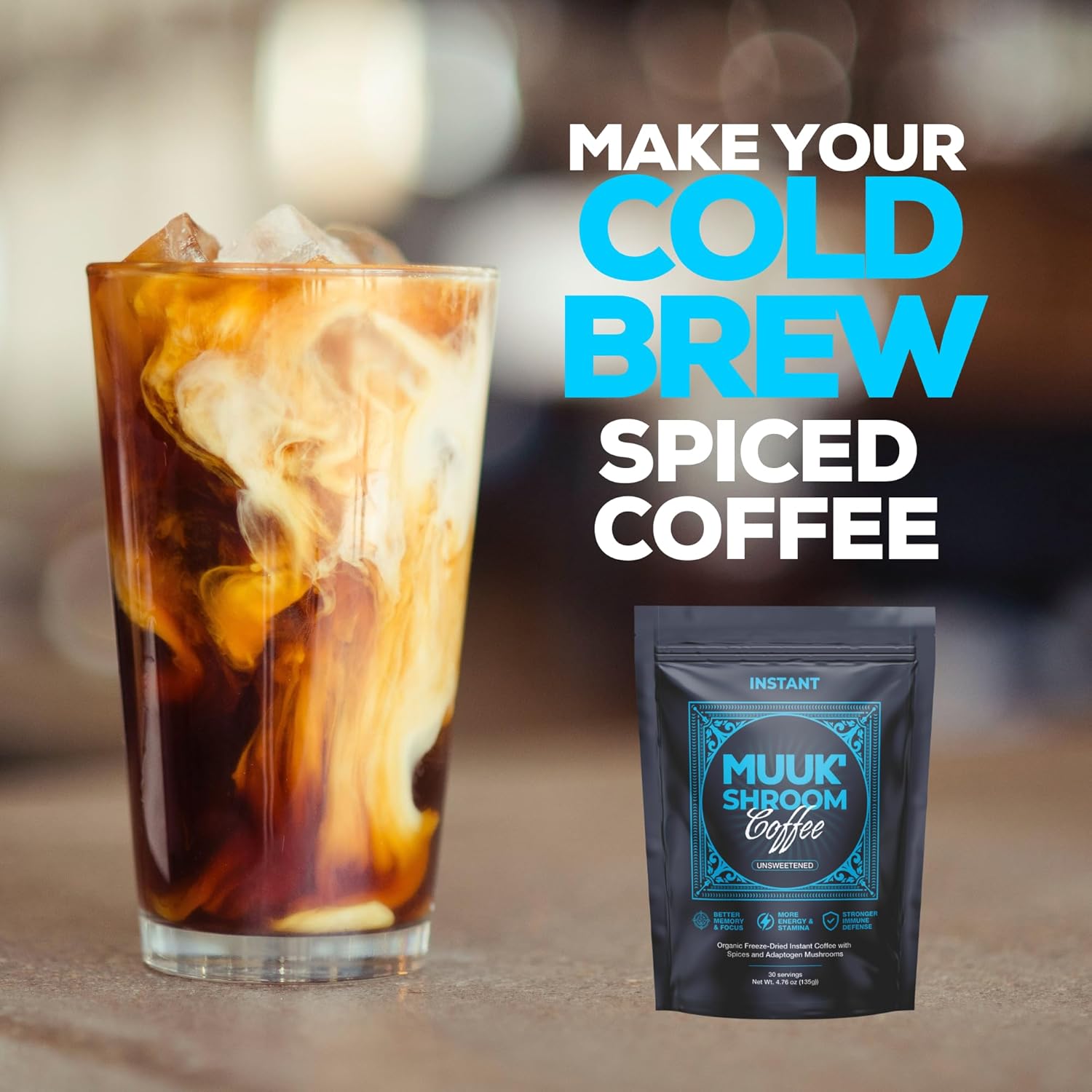 MUUK' SPICED COFFEE | Organic Mushroom Coffee | Cacao, Cinnamon & Cardamom | Adaptogen Mushroom Blend | Better Focus, More Energy and Stronger Immune Defense | 4.7oz (135g) 30 Servings