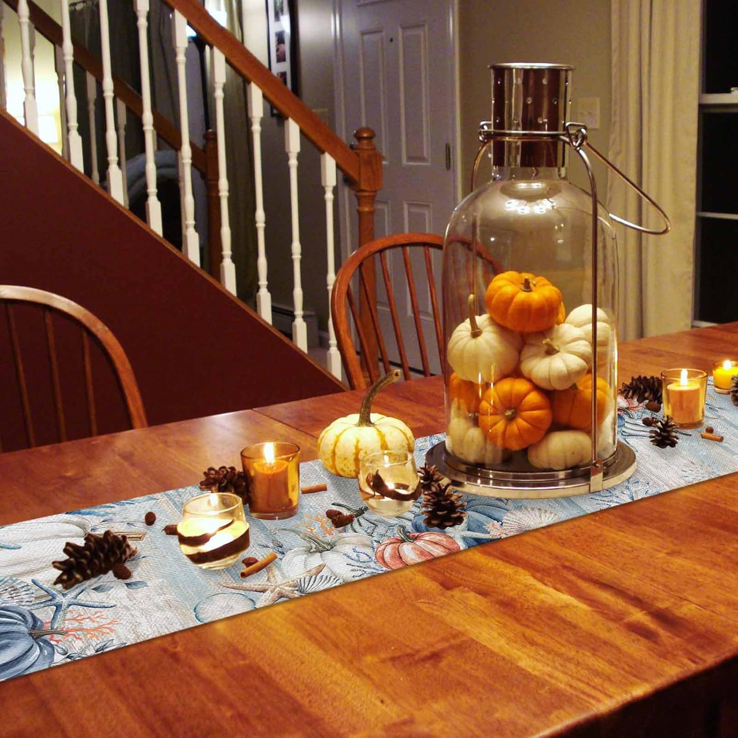 Blue Coastal Fall Table Runner 120 Inches Long, Thanksgiving Pumpkins Farmhouse Dress Scarves, Starfish Botanical Dining Tablerunner for Coffee Table/Kitchen Island/Party Décor, 13" x 120"