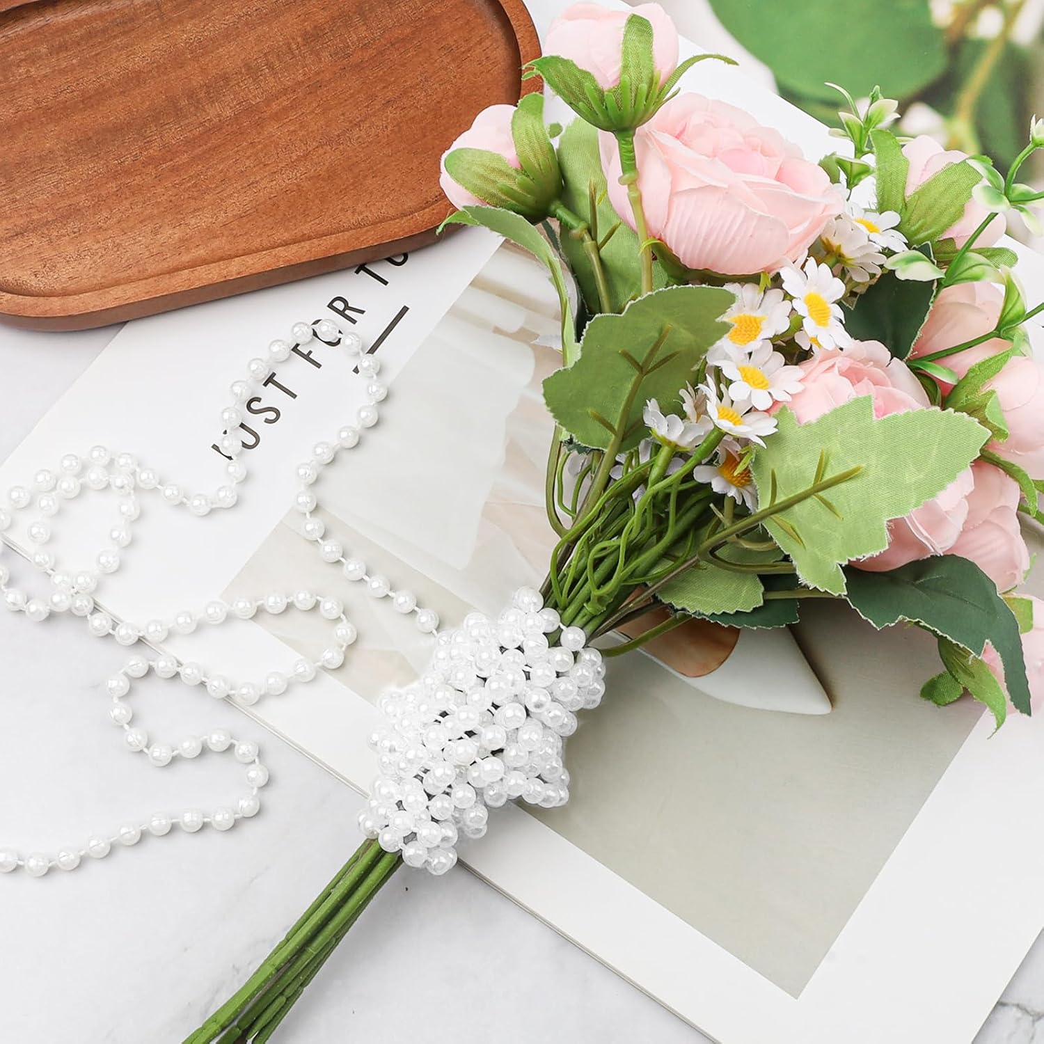 16 Feet Pearl Garland for Decorating, 6mm White Faux Pearl String for Wedding Party Christmas Tree Decorations, Pearl Strands for DIY Crafts