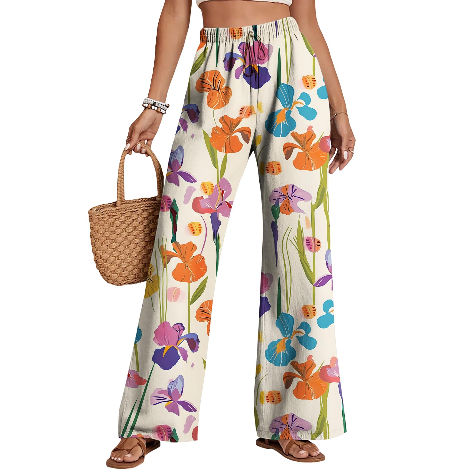 Womens Boho Floral Print Wide Leg Pants Drawstring High Waist Casual Trousers Summer Fashion Lightweight Pant