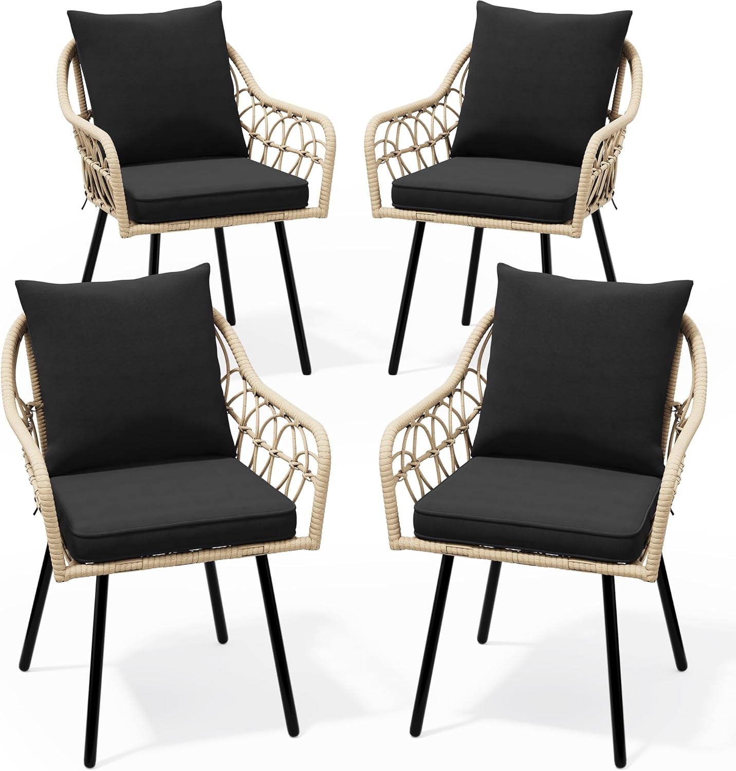 YITAHOME Outdoor Armchairs Set, Handwoven All-Weather Rattan Chairs with Plush Removable Cushions and Sturdy Iron Frame for Patio, Deck, or Poolside (Set of 4)