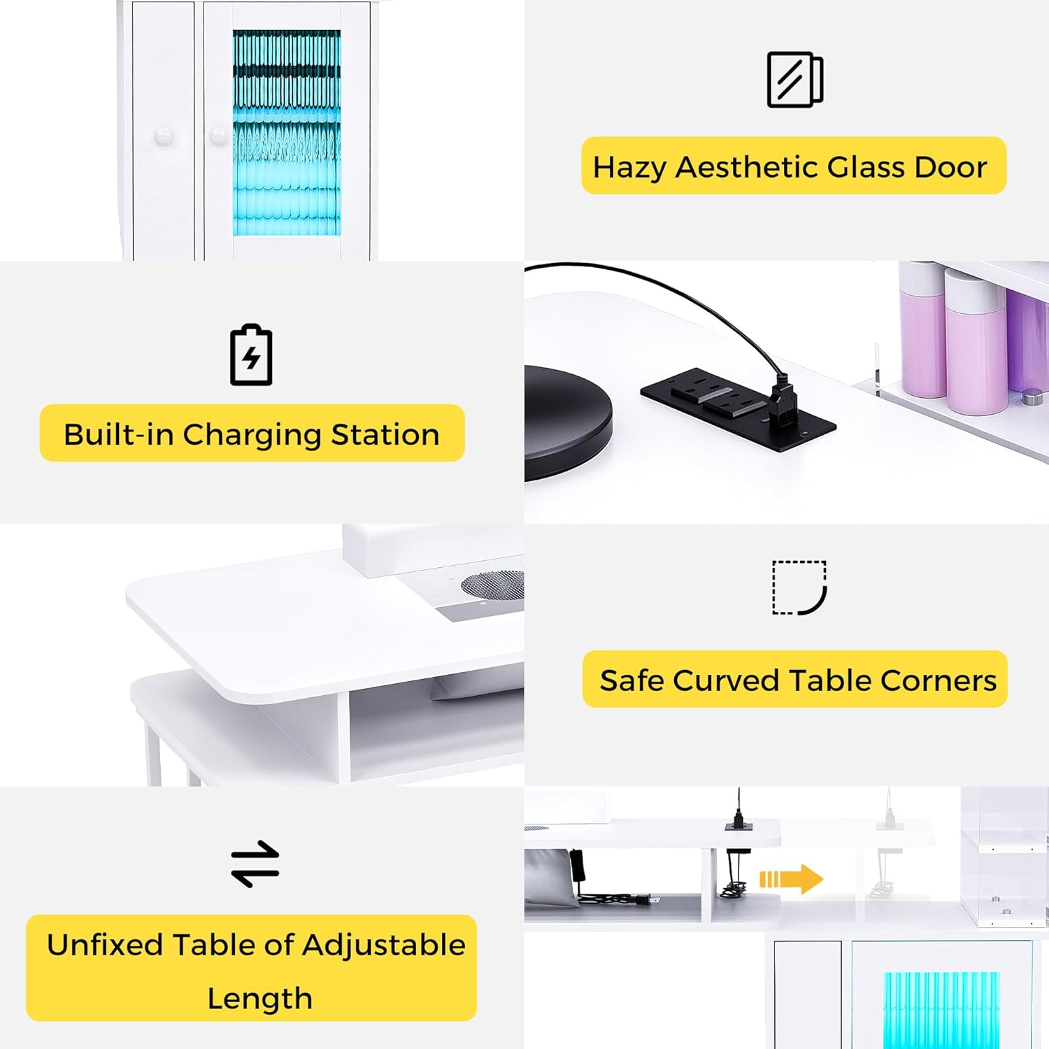 Manicure Table with LED Light, Nail Desk Nail Tech Table w/Dust Collector & Charging Station, Nail Station w/Removable Acrylic Storage Shelf, Drawers & Glass Door Cabinet, White