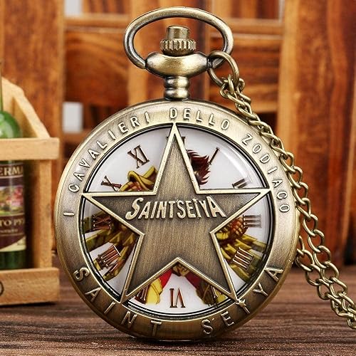 Delicado Saint Seiya ahuecado hacia fuera cubierta de bolsillo reloj para hombres delgado cadena colgante reloj para las mujeres