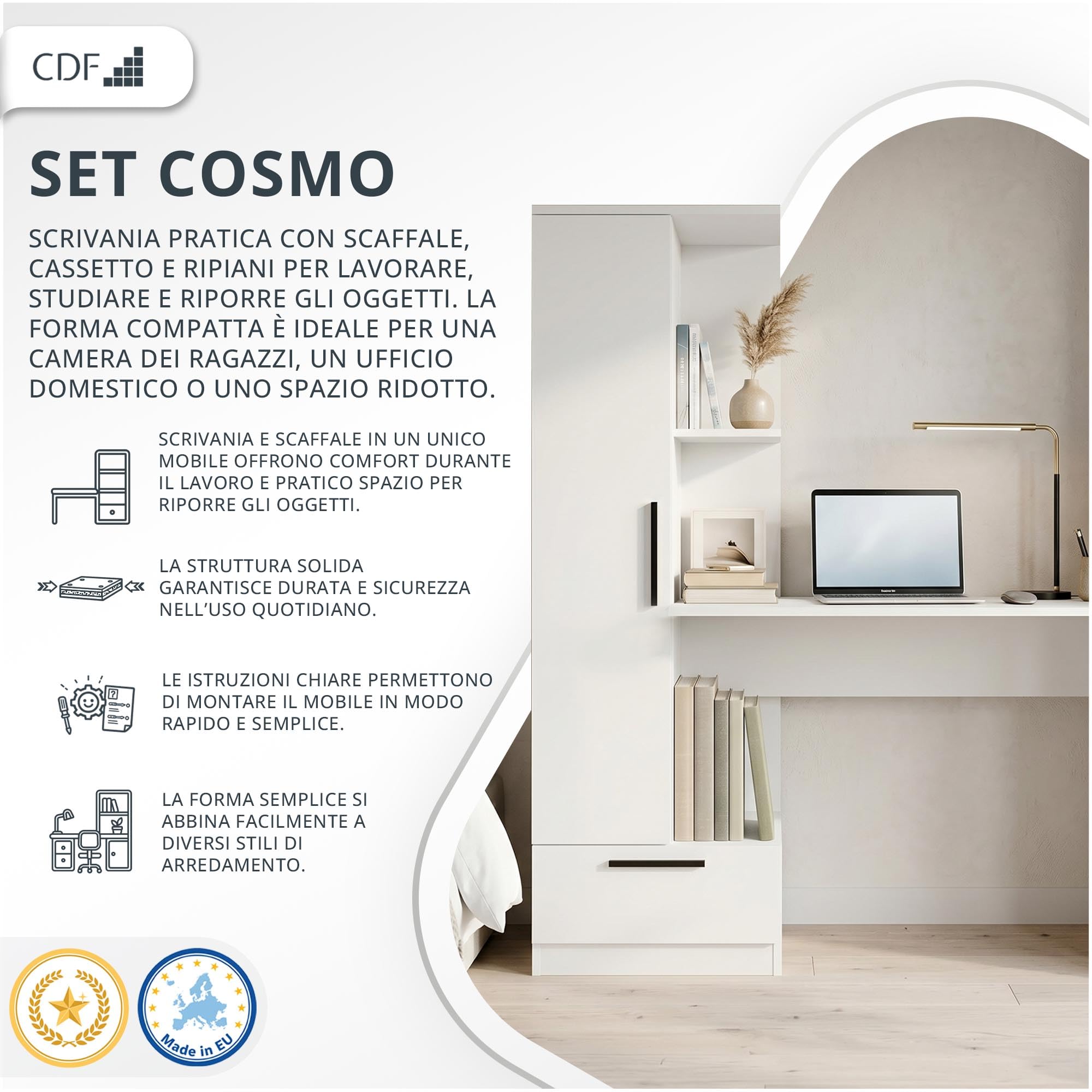 CDF Scrivania con Libreria Cassetto 140cm 3 Ripiani Gaming Home Office Smart Working Scrivania Computer Ergonomica Camera Ragazzi Camera Bambini Adolescenti Binari Scorrimento Bianco Truciolato 16mm
