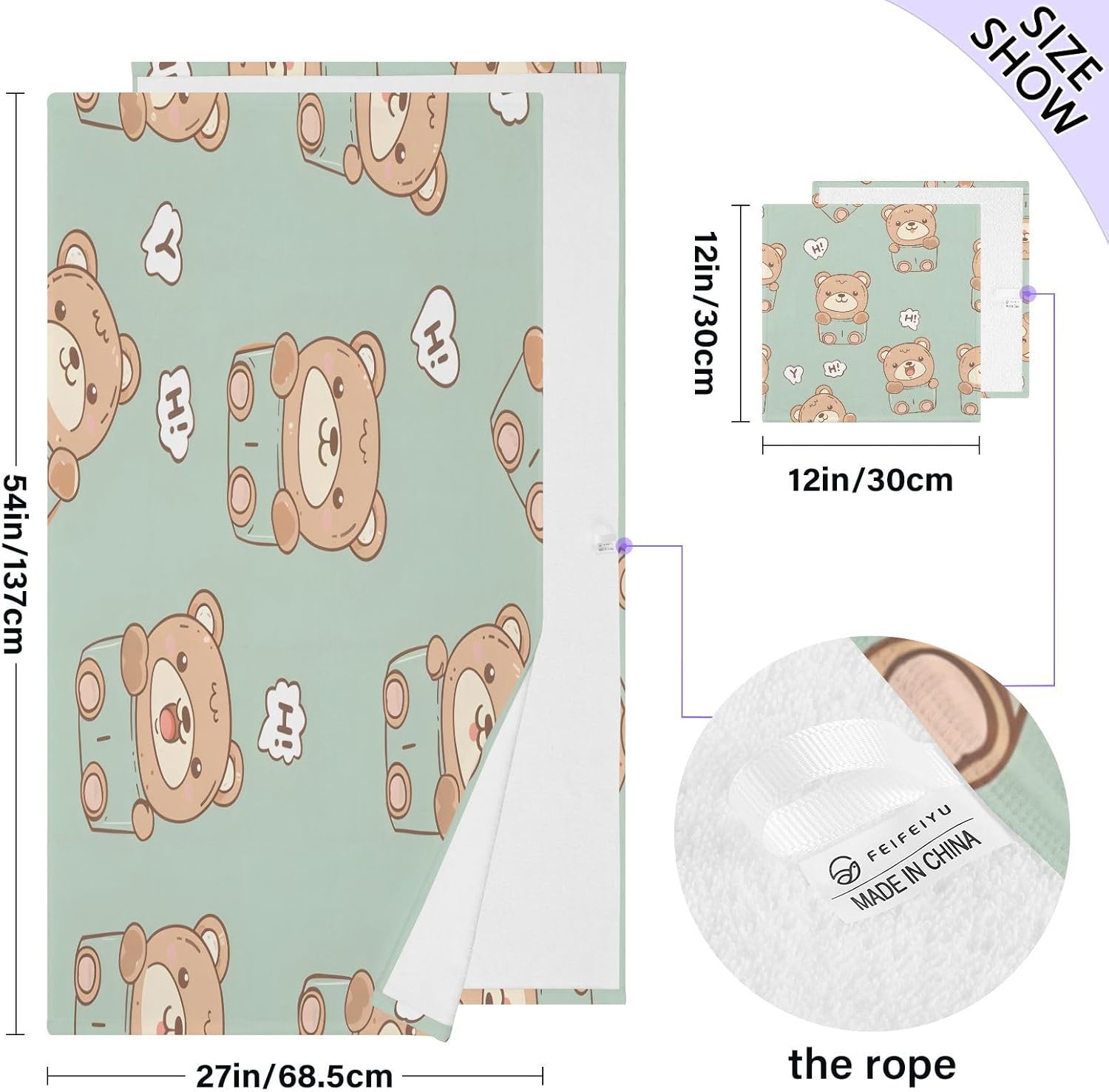 Hand Towels Premium Soft and Highly Absorbent Cute Bear Hand Drawn 2 Pcs Towels for Bathroom Set 100% Cotton Decorative Face Towels