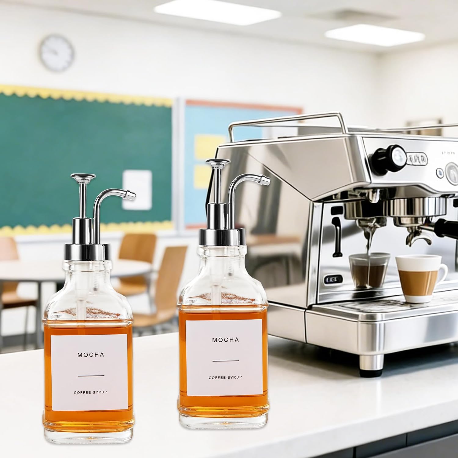 Set of 4 16.9oz/500ml Square Glass Coffee Syrup Dispenser with Pump Silver Syrup Bottles for Coffee Bar Refillable Maple Syrup Storage Syrup Dispenser with Pump for Bar Accessory(Chrome Finish