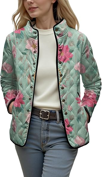 HOTYD Womens Floral Print Quilted Jacket Long Sleeve Button Down Warm Winter Coat Ligthweight Puffer Jackets with Pockets,Floral 20,3XL