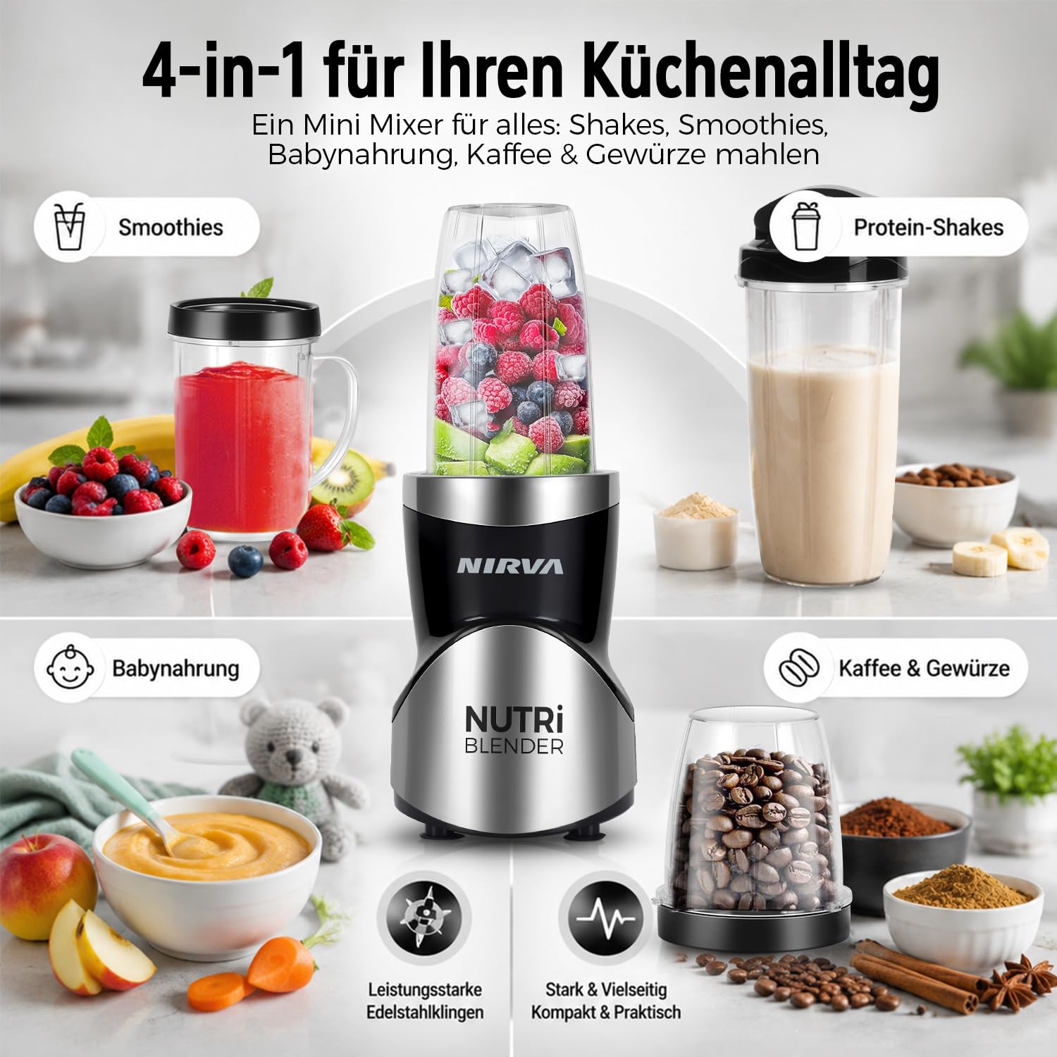 Nirva 4 in 1 Mini Mixer, Smoothie Maker mit 4 Tragbare, Mixbechern Zweiblatt und Vierblatt Edelstahlklingen,Blender elektrisch für Shake, Multifunktionsmixer für Ice, Obst, Gemüse, Nüsse
