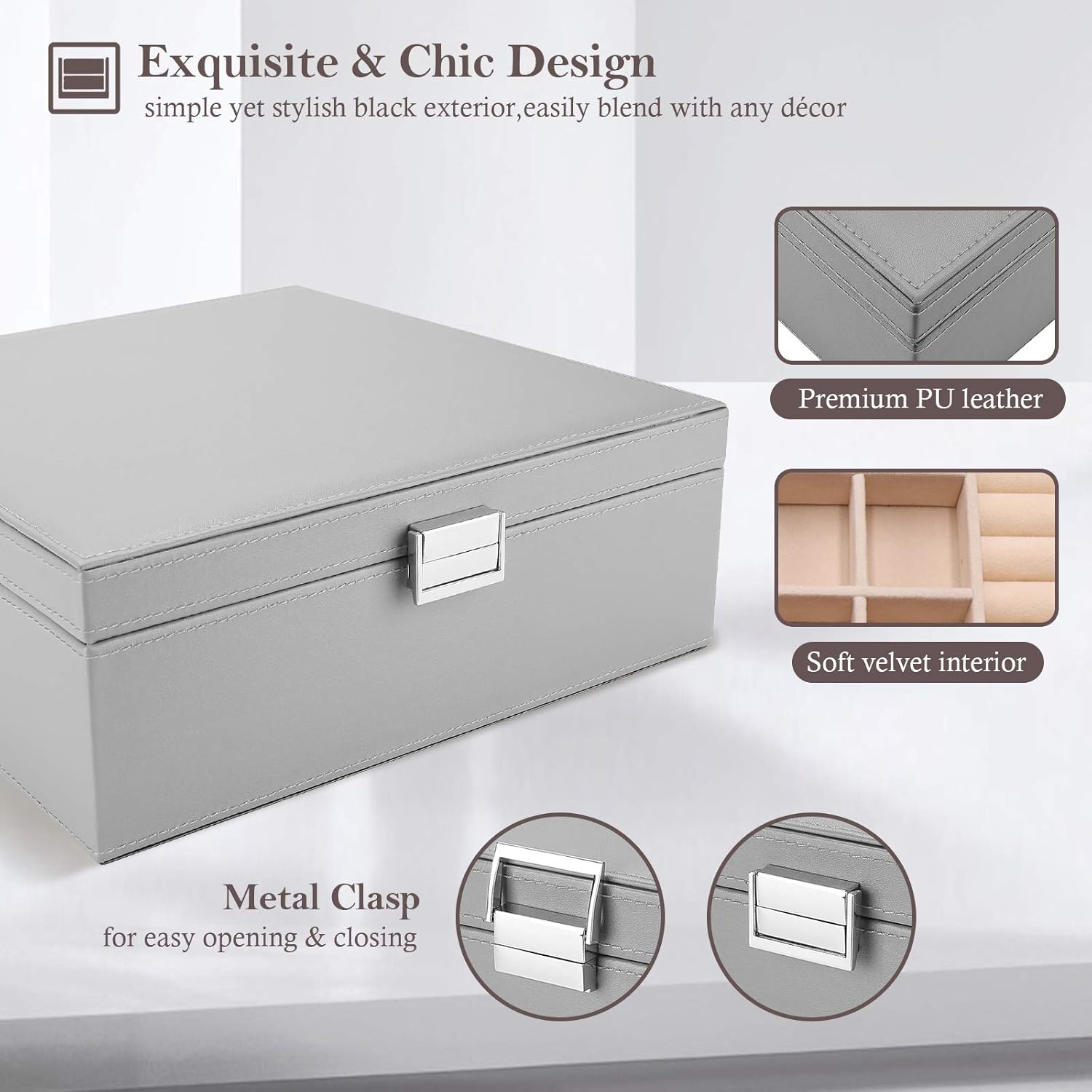 ProCase Jewelry Box for Women Girls Girlfriend Wife Ideal Gift, Large Leather Jewelry Organizer Storage Case with Two Layers Display for Earrings Bracelets Rings Watches -Grey: Home & Kitchen