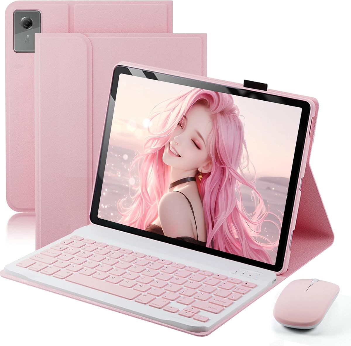 Keyboard Case for 2025 Lenovo Idea Tab Plus 12.1 Inch/Lenovo Tab K12 - Stand Folio Detachable Keyboard Cover with Mouse (TB361FU/TB361ZU) - Pink