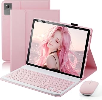 Keyboard Case for 2025 Lenovo Idea Tab Plus 12.1 Inch/Lenovo Tab K12 - Stand Folio Detachable Keyboard Cover with Mouse TB361FU/TB361ZU - Pink