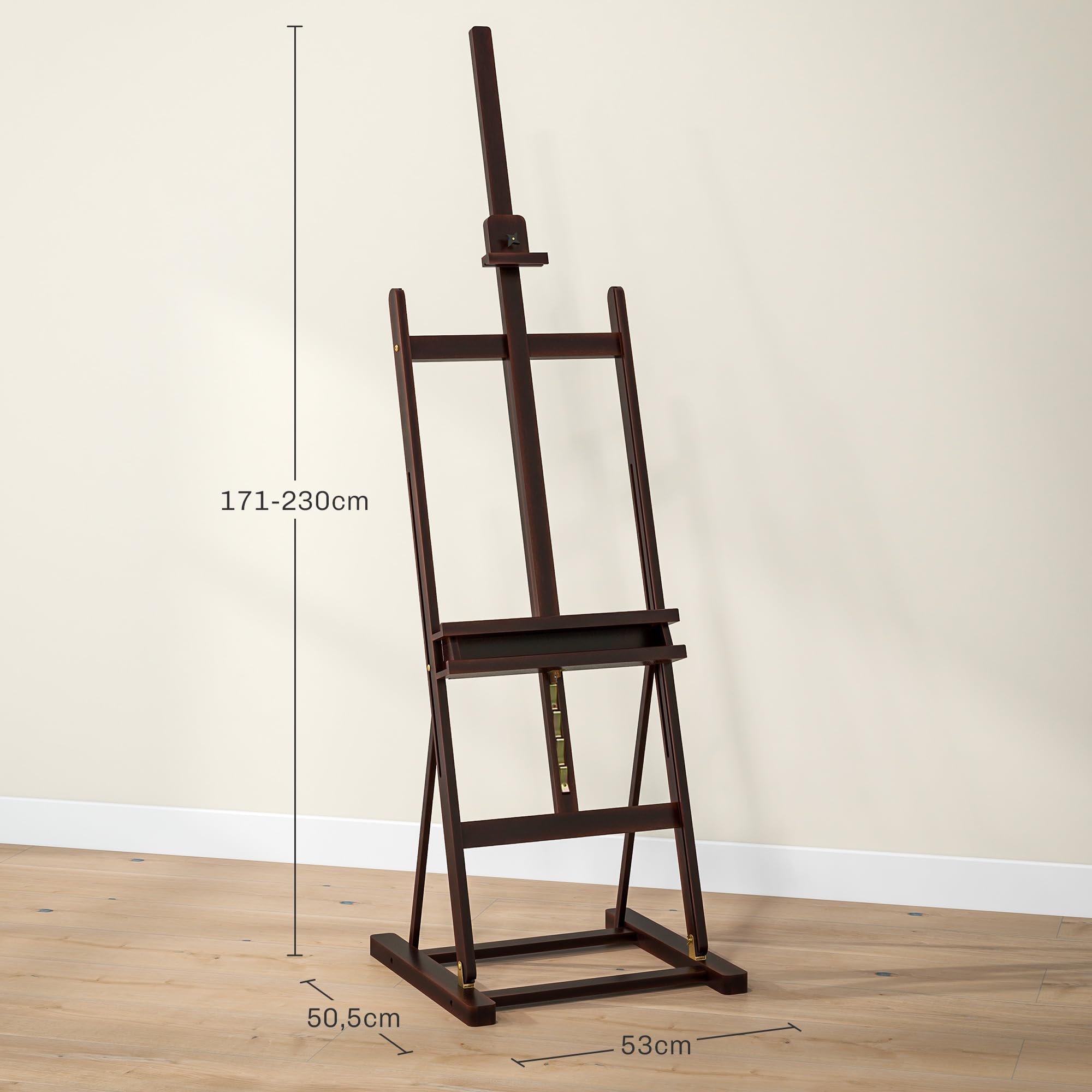 HOMCOM Caballete de Pintura con Altura y Ángulo Ajustables 230 cm Marrón | Caballete de Madera, Almacenamiento, para Adultos, Artistas, Pintor, Estudiantes