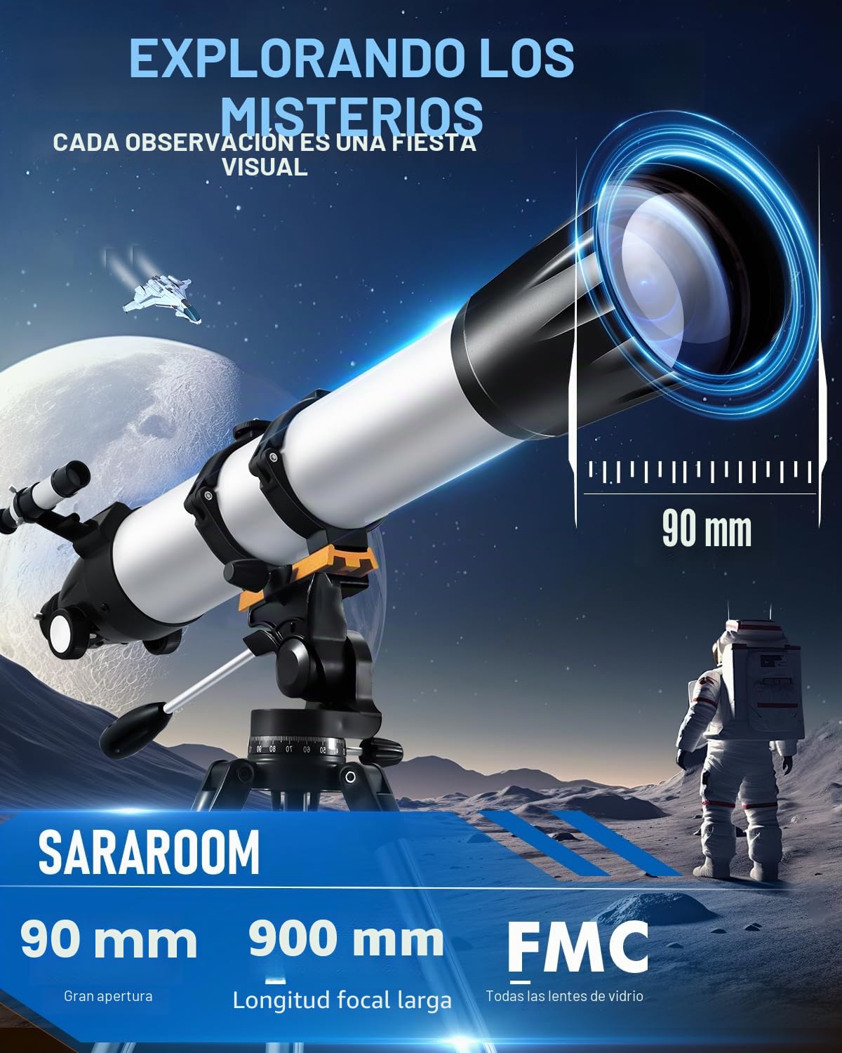 Telescopio Astronómicos para Adultos, Telescopios Refractores con Trípode, Telescopios Refracción 90mm Apertura 900mm para Niños Principiantes, Telescope portátil con Barlow, Teléfono Soporte