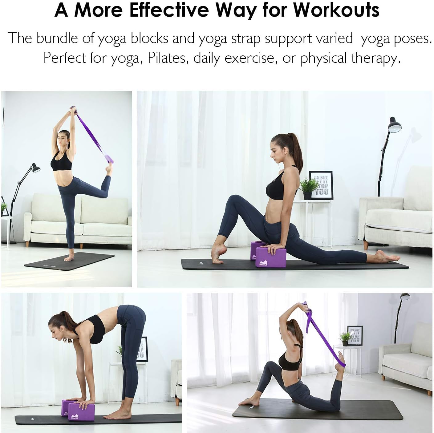 REEHUT Yoga Block 2 Pack and Metal D Ring Yoga Strap 1 Pack Combo Set, 9" x 6" x 4"High Density EVA Foam Block to Support and Deepen Poses, 8FT Yoga Belt for Stretching, General Fitness (Black) : Sports & Outdoors
