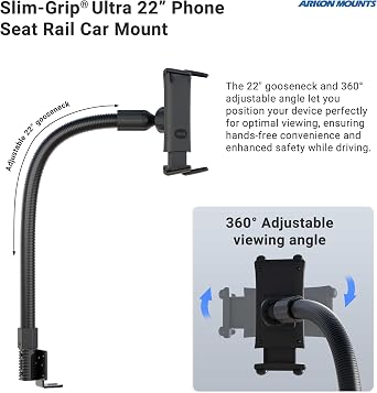 Arkon Mounts - Car Seat Rail Phone or Tablet Mount | Flexible Positioning | 22 Gooseneck | 360 Adjustability | Tablet Holder fits iPhone, Galaxy, Note and more | Up to 8 Screen Size