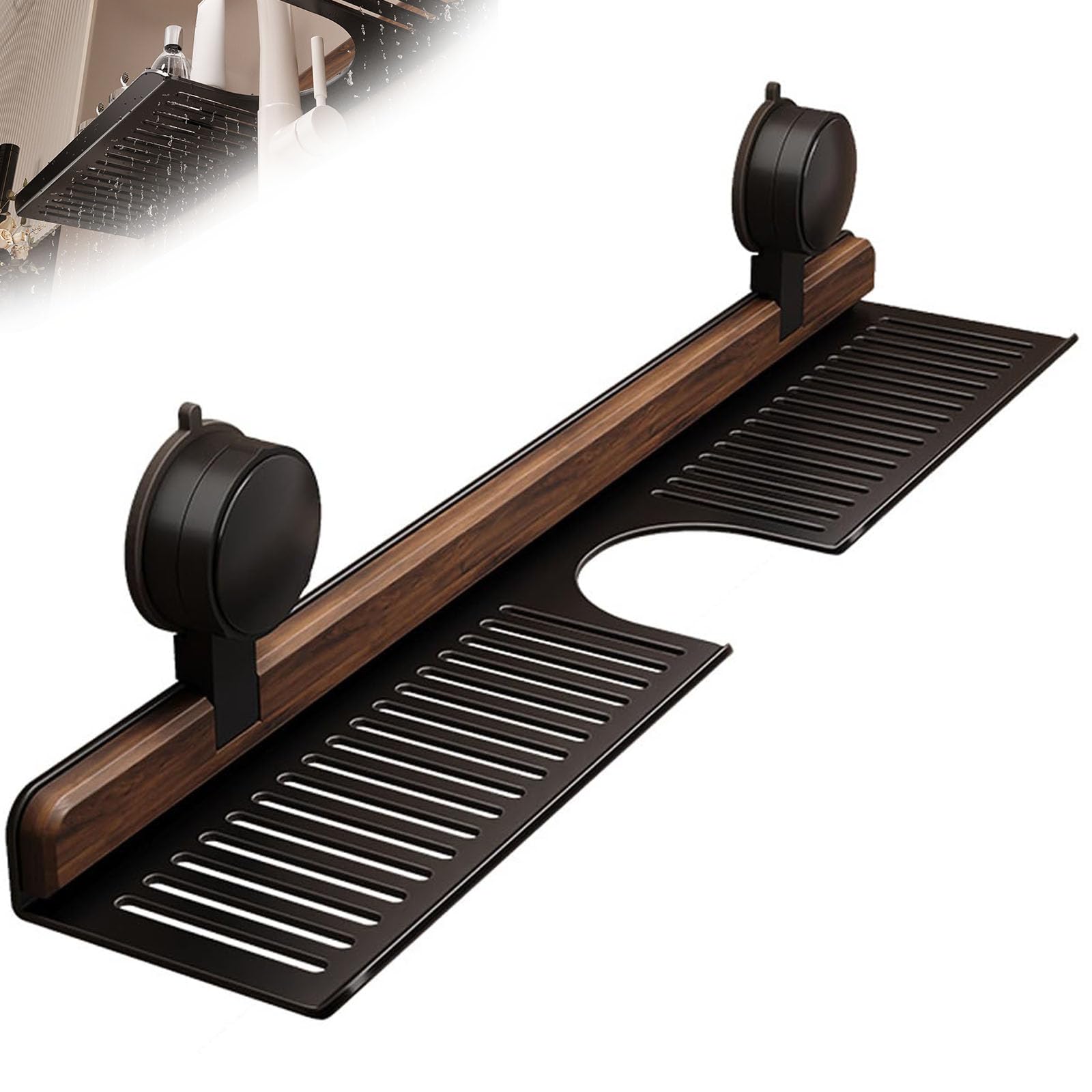 Étagère murale ventouse sans perçage en bois de noyer et panier de rangement