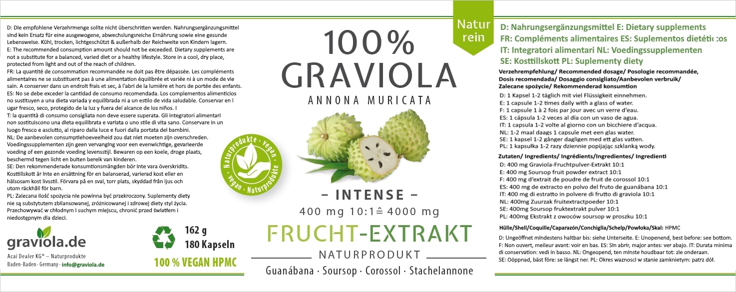 3 x 100% GRAVIOLA FRUCHT-EXTRAKT 4000 mg -10 :1 Hochdosiert- 3 x 180 Kapseln á 400 mg, ohne Pestizide, Zusätze, Rieselhilfen.