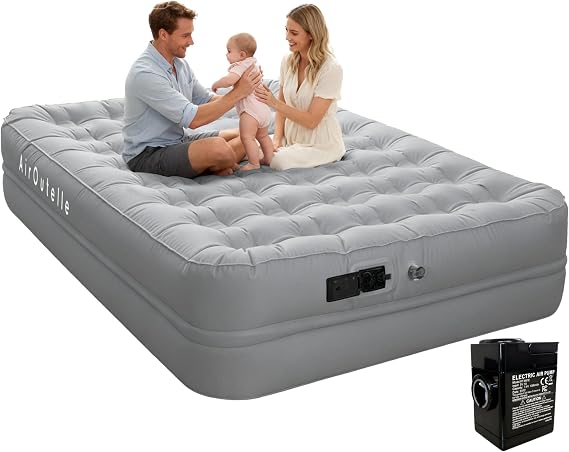 Queen Air Mattress with Rechargeable Battery Pump - 18 High Inflatable Bed, 3-Min Fast Inflation & Portable Foldable Design, 650lbs Heavy Duty, Soft Pongee Fabric for Camping & Home Use (Gray)