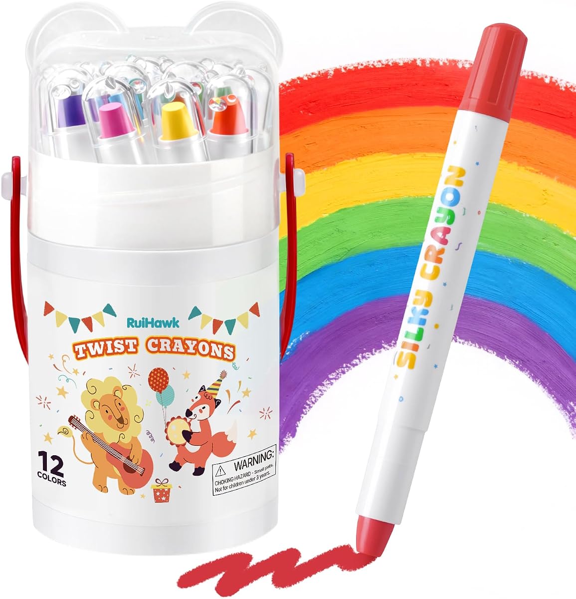 Silky Crayons, 12 Colors Baby Crayons for Toddlers 1-3 and Kids 4-8, Twist Easy-Grip with 150 PDF Pages & Brush– Washable Art Supplies, Ideal Coloring Gift Kit for Boys & Girls