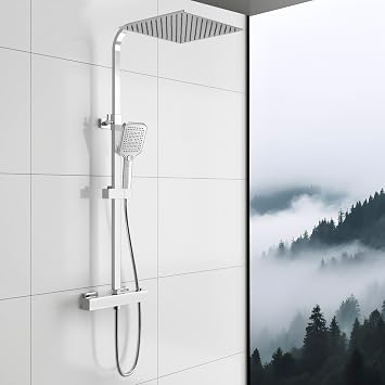 Sky Bathroom Thermostatic Bar Shower Mixer Set with 12" Rainfall & 3-Mode Handheld   Wall Mounted Shower System with Sliding Riser Rail   Chrome