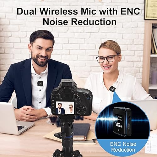 Miniatura 2 de VeGue Sistema de micrófono inalámbrico Lavalier, micrófono de solapa inalámbrico de doble canal de 2.4 GHz con cancelación de ruido para cámaras