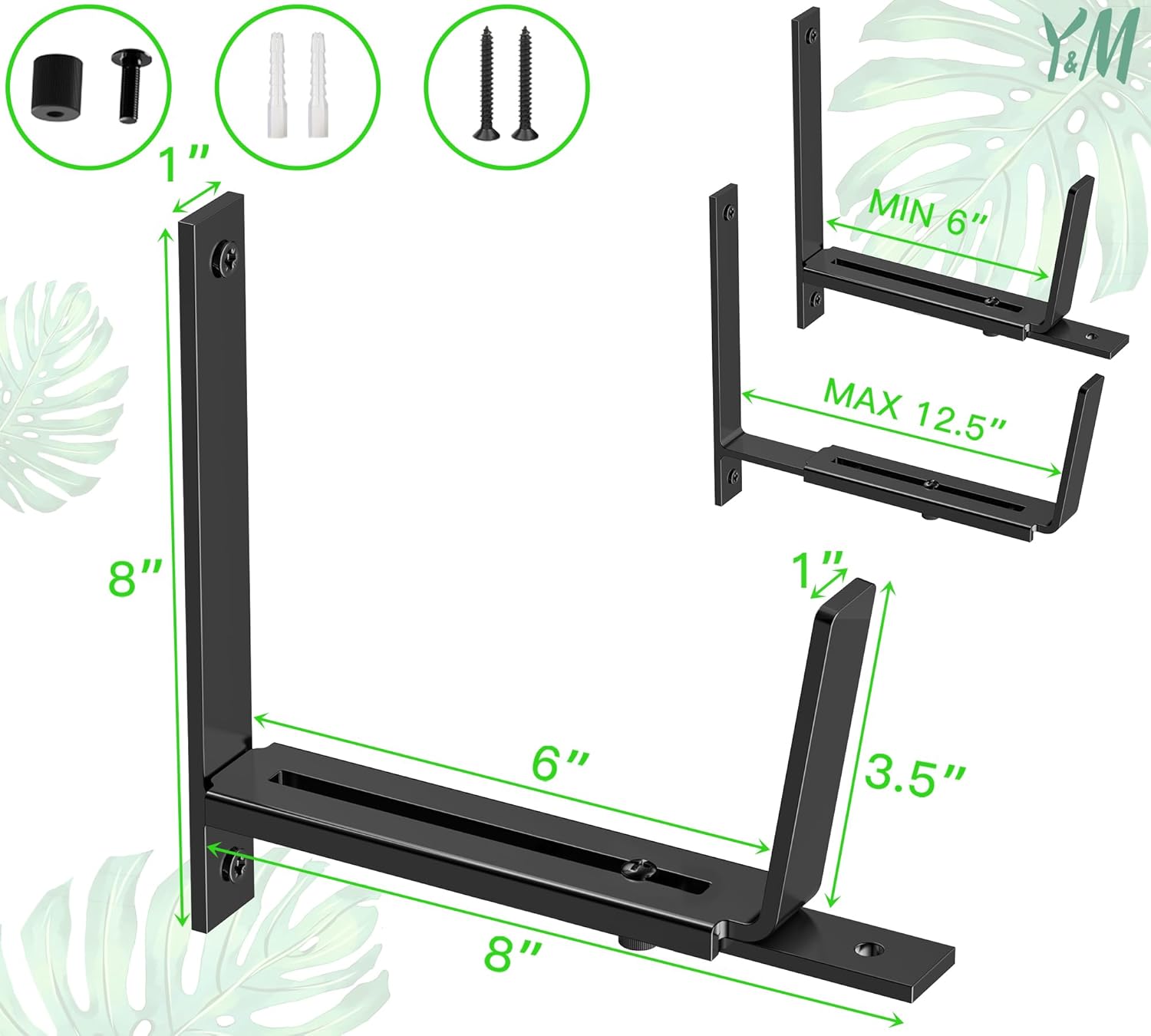 Y&M 6 Pack Adjustable Planter Box Brackets (6 to 12.5 in), Universal Window Box Brackets, Heavy Duty Iron Flower Box Wall Mounting Hooks for Balcony, Fences, Patio, and Garden - Black