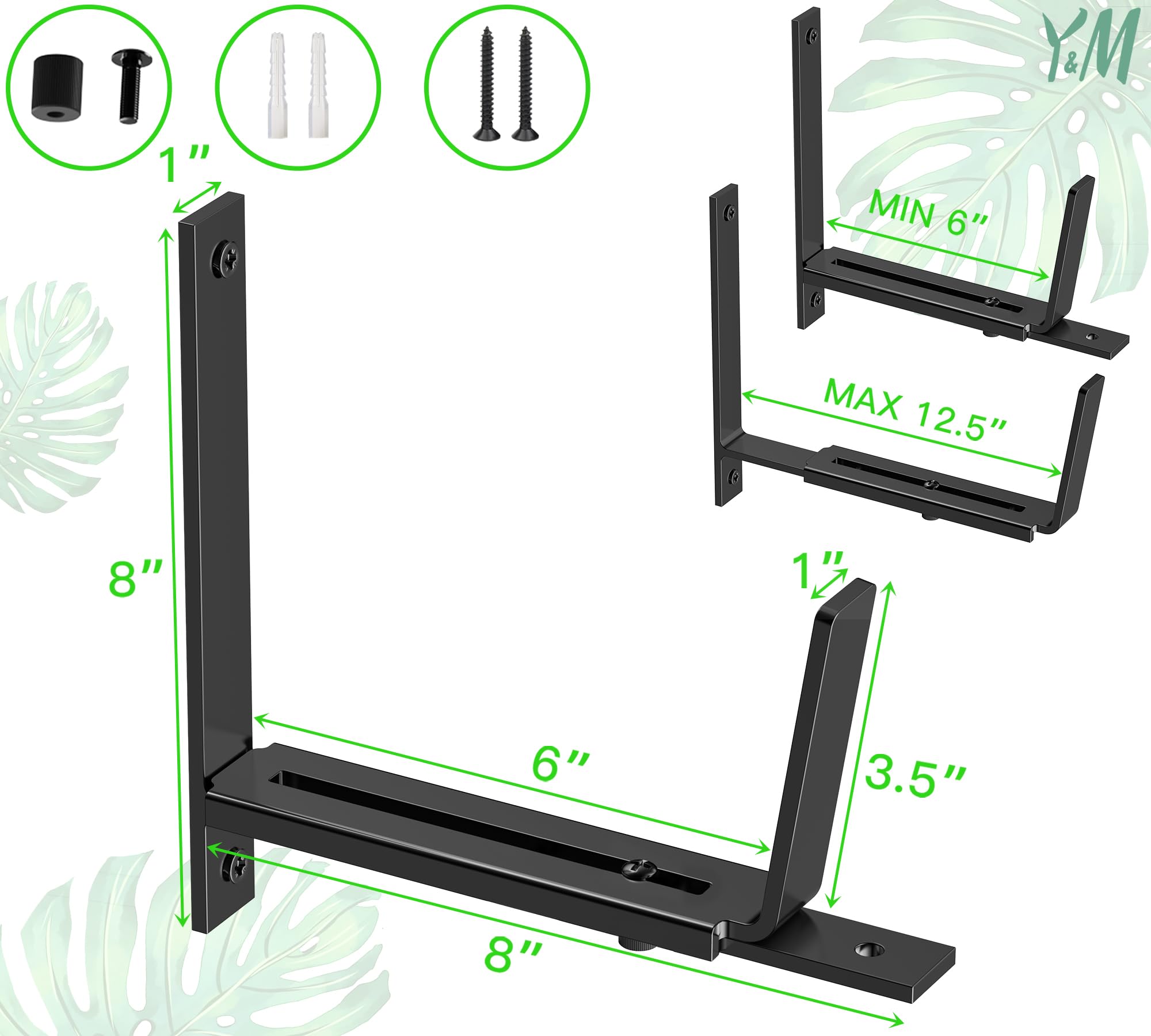 Y&M Verstellbare Pflanzkastenhalterungen (15,2 bis 31,8 cm), universelle Fensterkastenhalterungen, robuste Eisen-Blumenkasten-Wandbefestigungshaken für Balkon, Zäune, Terrasse und Garten, Schwarz, 6