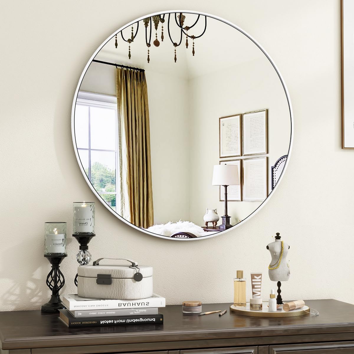 White Round Bathroom Mirror, 20 inch Circle Mirror, Round Wall Mirror with Simple Metal Frame, Modern Round Hanging Mirror for Bathroom, Hallway, Livng Room (White Frame) 20x20 White