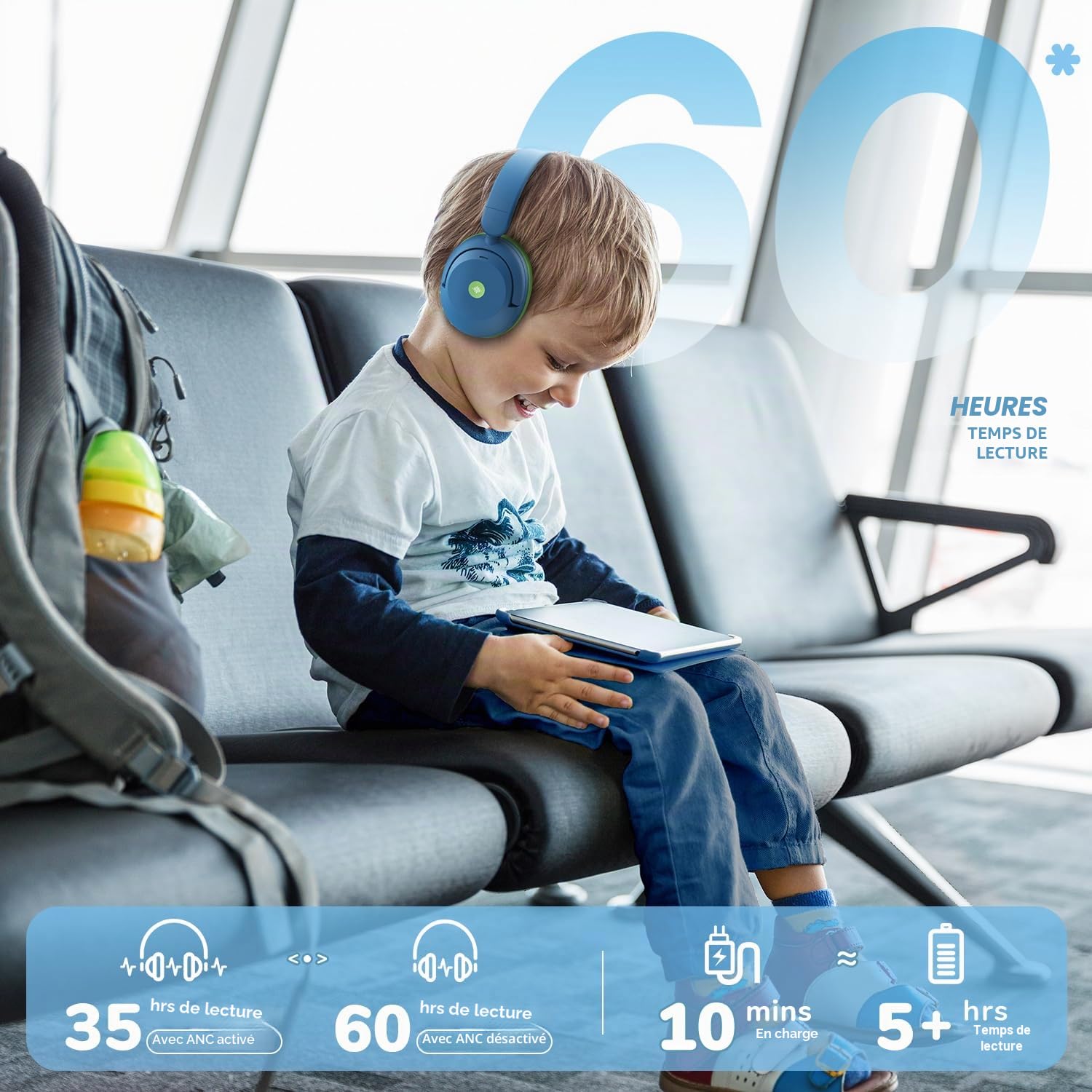 iClever BTH20 Casque Réduction De Bruit Active pour Enfants 60H d'Autonomie | SafeSound Tech3.1, Charge USB C, Câble AUX, Bluetooth 5.4, Primé et Résistant Écouteurs Enfants pour Tablette PC