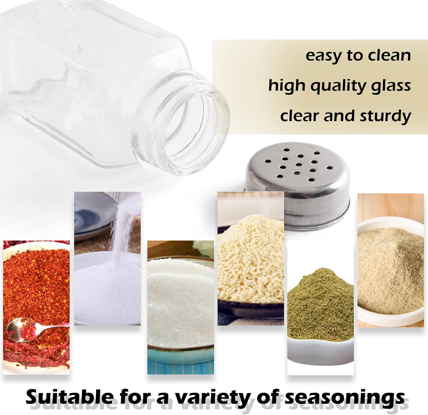 ATB Glass Salt and Pepper Shakers with Stainless Steel Lids - Farmhouse Style Spice Dispensers, Freshness Seal Sugar Shaker, Glass Spice Jar for Various Seasonings (Rectangular)