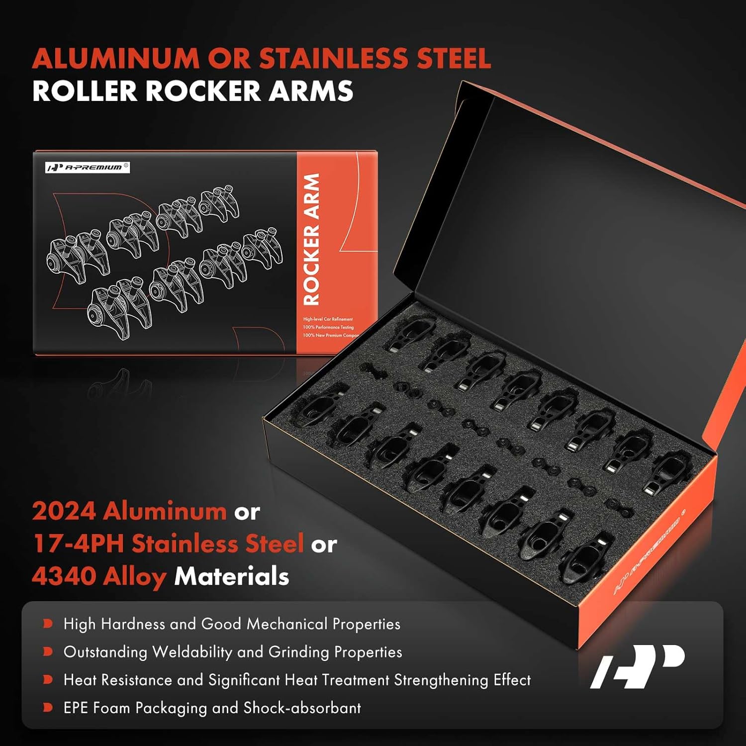 A-Premium 16Pcs Black Alloy Steel Engine Roller Rocker Arms with Needle Bearings Compatible with Small Block Chevy SBC 350, 1.6 Ratio, 7/16" Studs