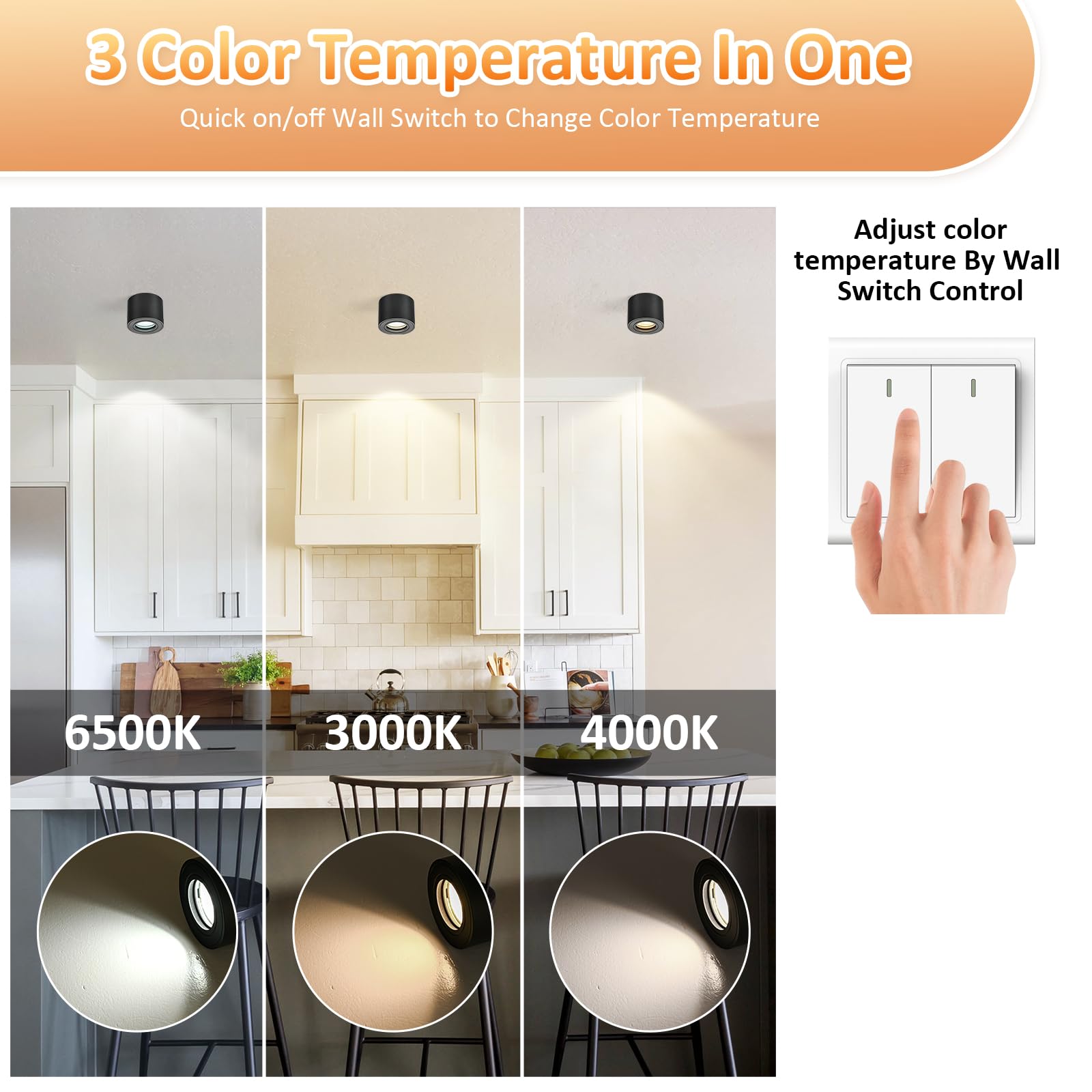 Faretto da Soffitto LED Nero IP44, Faretto LED Interno Dimmerabile 3CCT 5W 230V 3000K/ 4000K/ 6500K, Faretti da soffitto Impermeabile Moderna Alluminio Ø80x60mm per Modulo LED, Set di 4