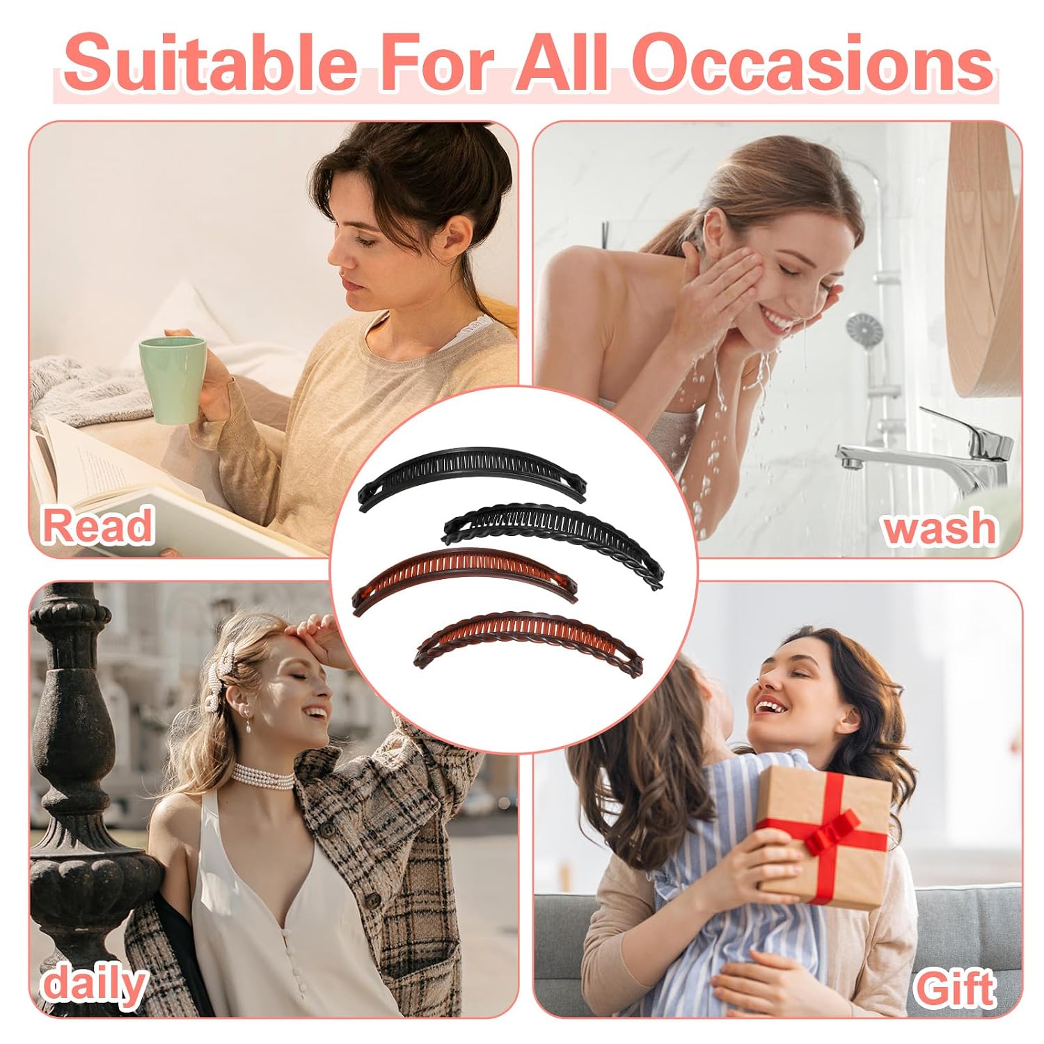 Nogeqi 4 Pcs Banana Hair Clips for Women, Non-Slip Hair-Claws with Double Combs, Vintage Banana Clips for Women Thick Curly Hair, Solid Color Ponytail Holder Styling Accessories