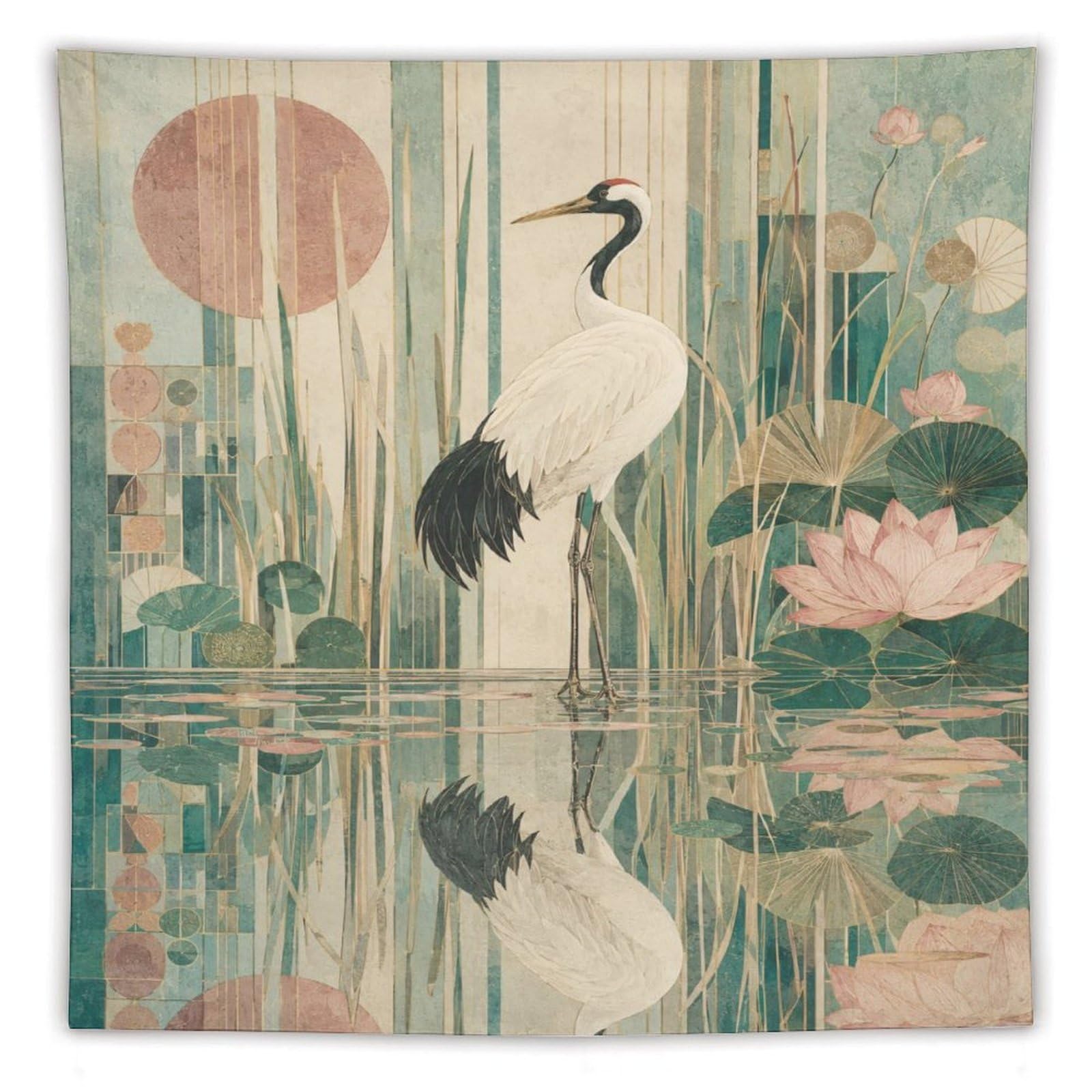 W7C8U2X3 Cranes in Lotus Pond Wall Tapestry, Asian Ink Style, Entryway