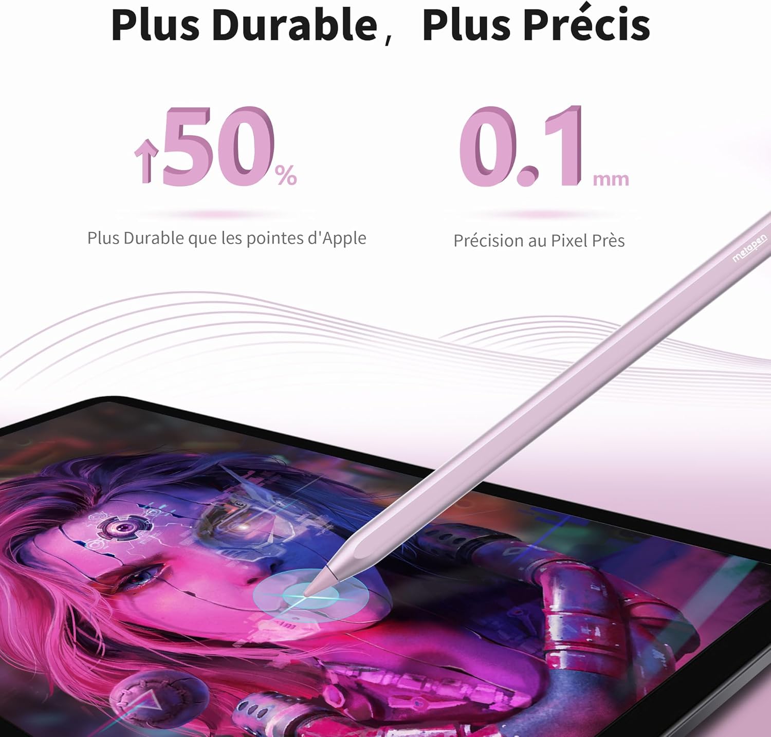 Diagram showing double-tap gesture to turn on/off the Metapen Crayon A8.