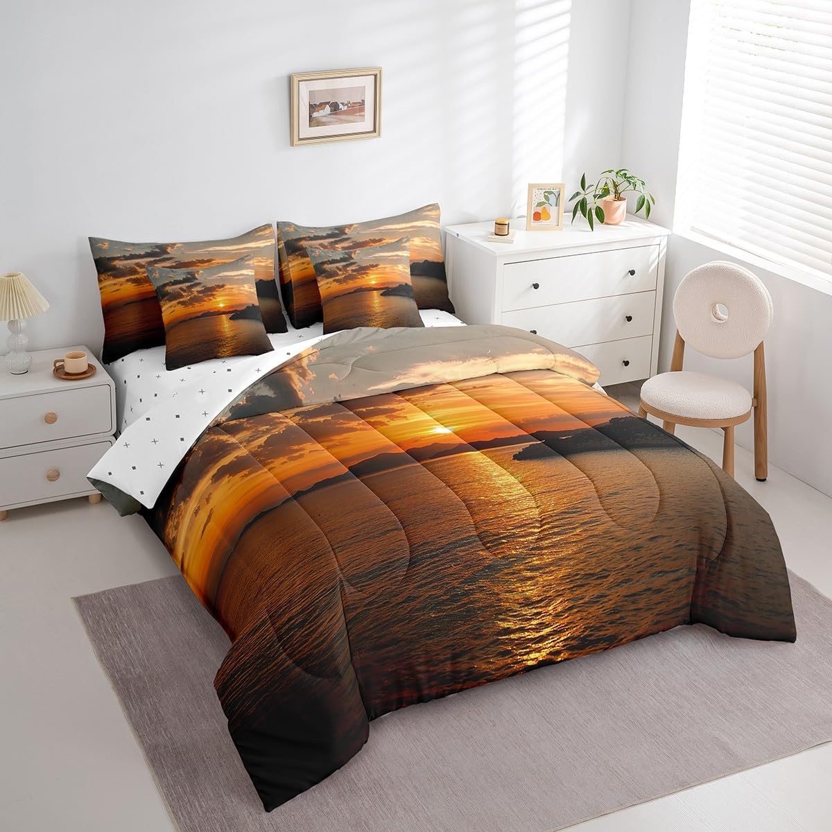 Feelyou Queen Comforter Set 7 Pcs Ocean Beach Bed in a Bag for Girls Boys Children Sea Sunset Scenery Bedding Set Tropical Hawaiian Holiday Comforter Bed Set with Sheets, Pillowcases, Pillow Covers