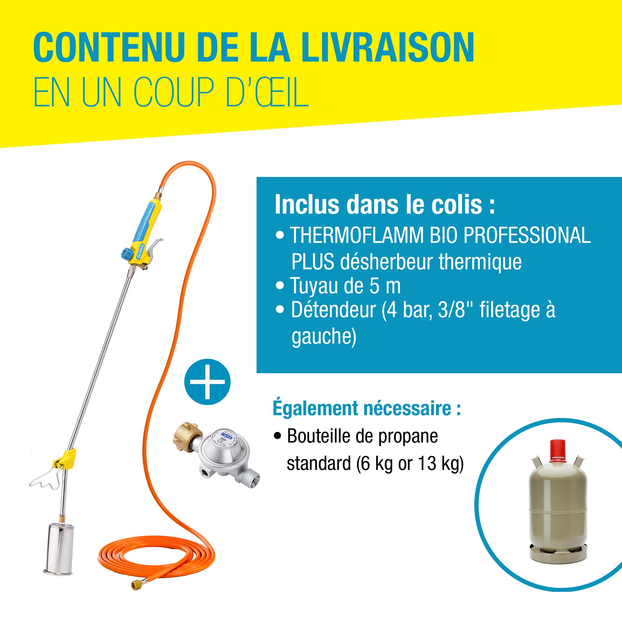 GLORIA Désherbeur thermique à gaz Thermoflamm bio Professional PLUS Set | Kit Complet avec Chalumeau, Tuyau 5 m & Détendeur Français | 1000 °C | Sans Produits Chimiques – Contre les Mauvaises Herbes