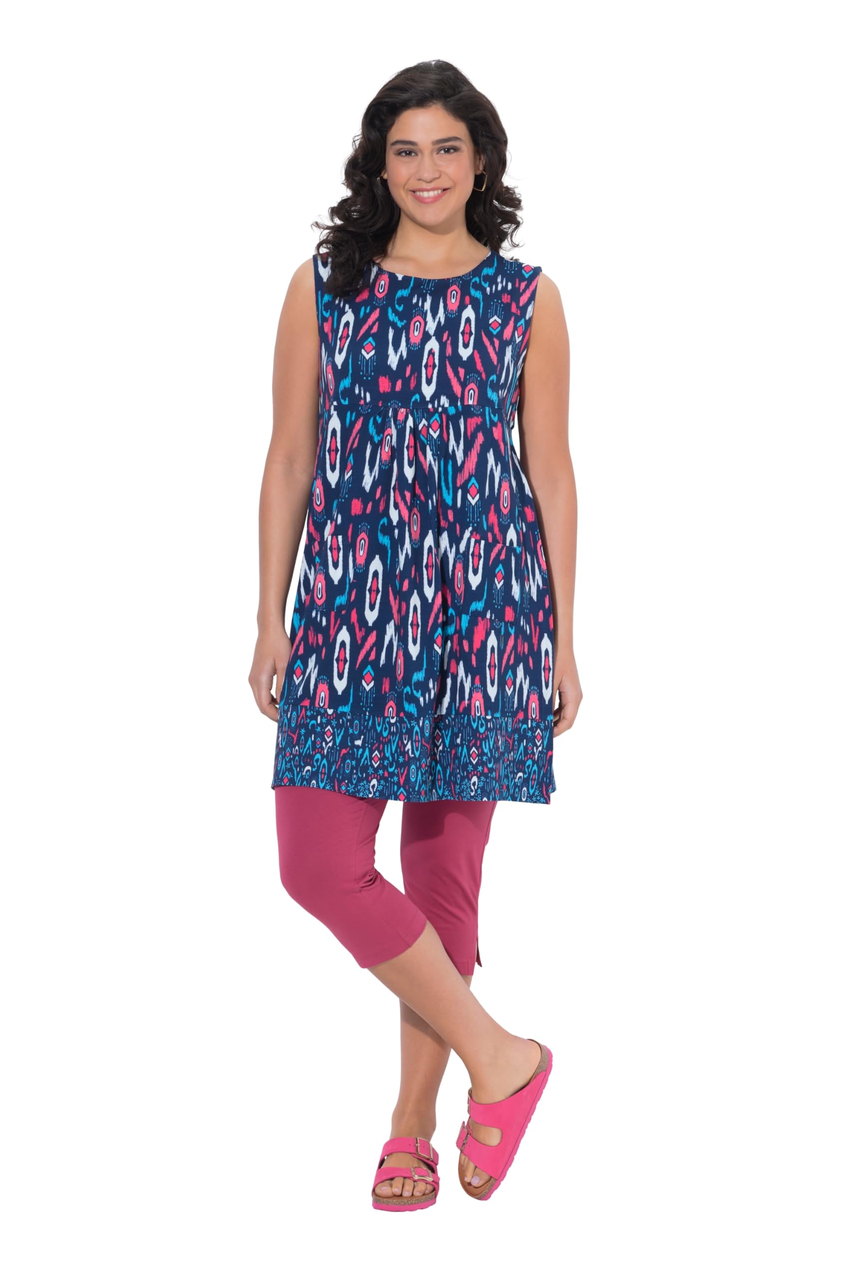 Ulla Popken Damen große Größen Übergrößen Plus Size Jerseykleid, Bordüre, A-Linie, Rundhals, ärmellos 849887