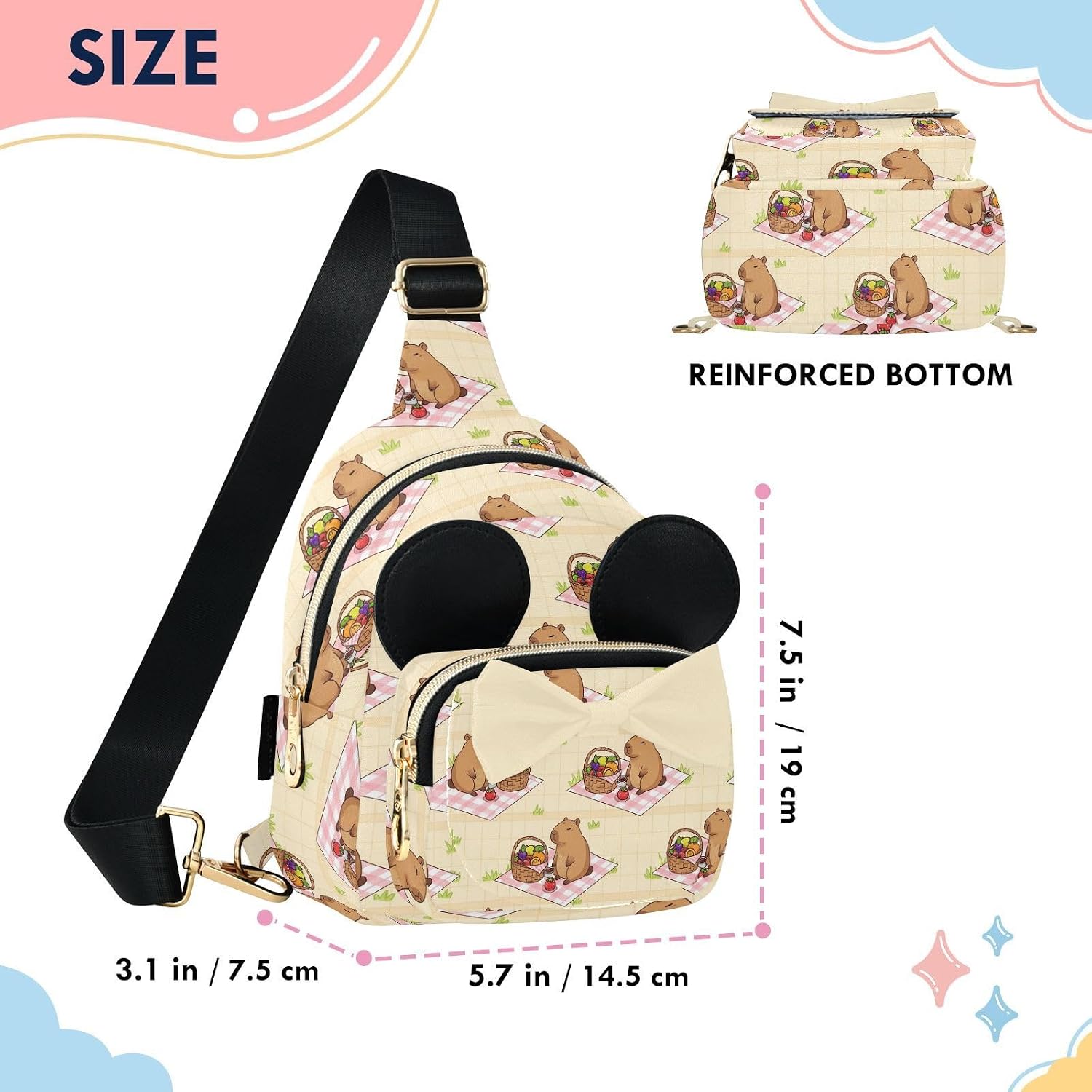 Sinestour Capybara Kids Sling Bag for Girls, 5.7"x7.5"x3.1" | Crossbody Fanny Pack, Toddler Purse, Cute Sling Belt Bag with Ears, 2L Small Shoulder Chest Bag for Travel