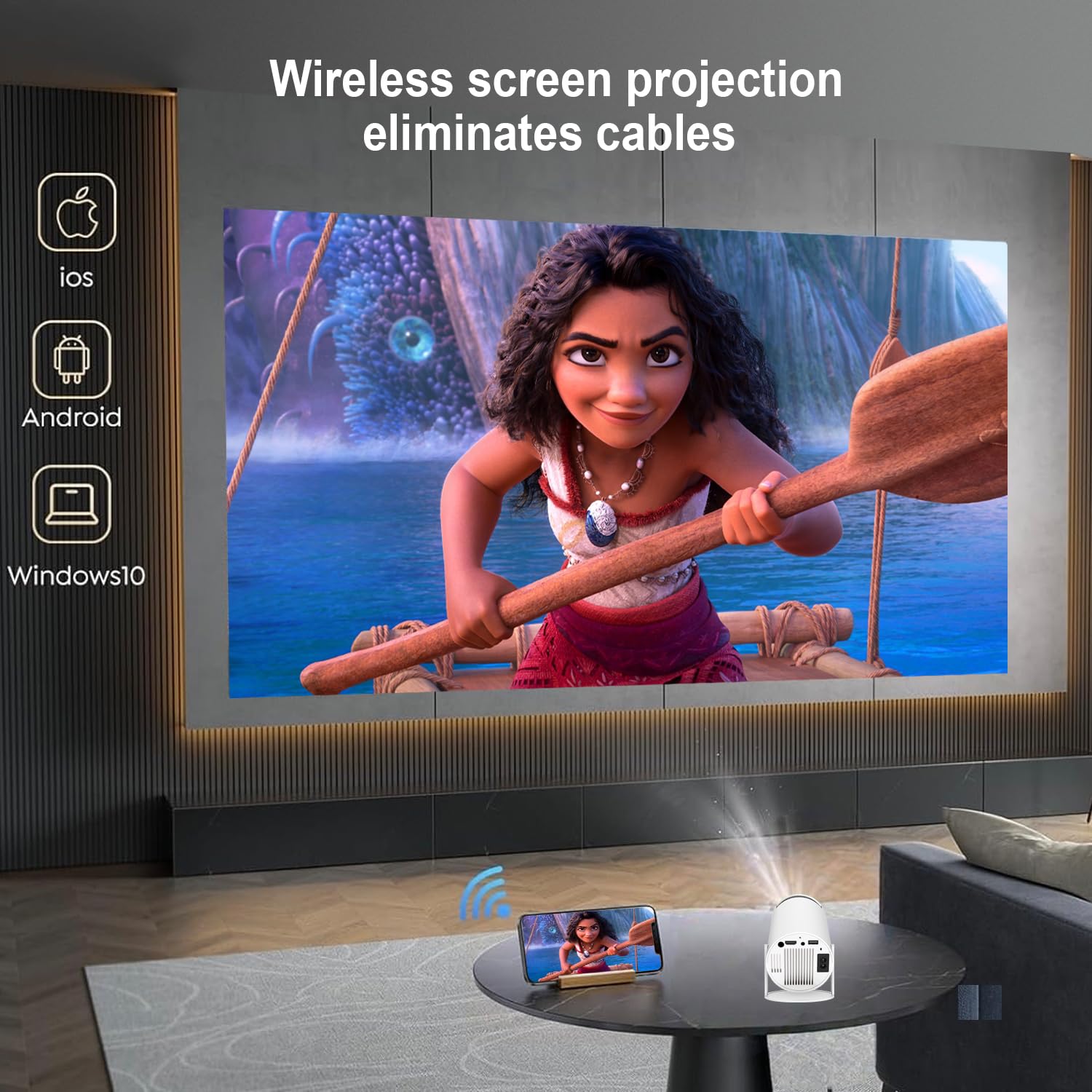 Tragbarer Beamer 4K, 1080P FHD Mini Beamer, kompatibel mit Android und Netflix, WiFi 6, BT 5.0, 180°-Drehung, Projektor mit automatischer Trapezkorrektur.
