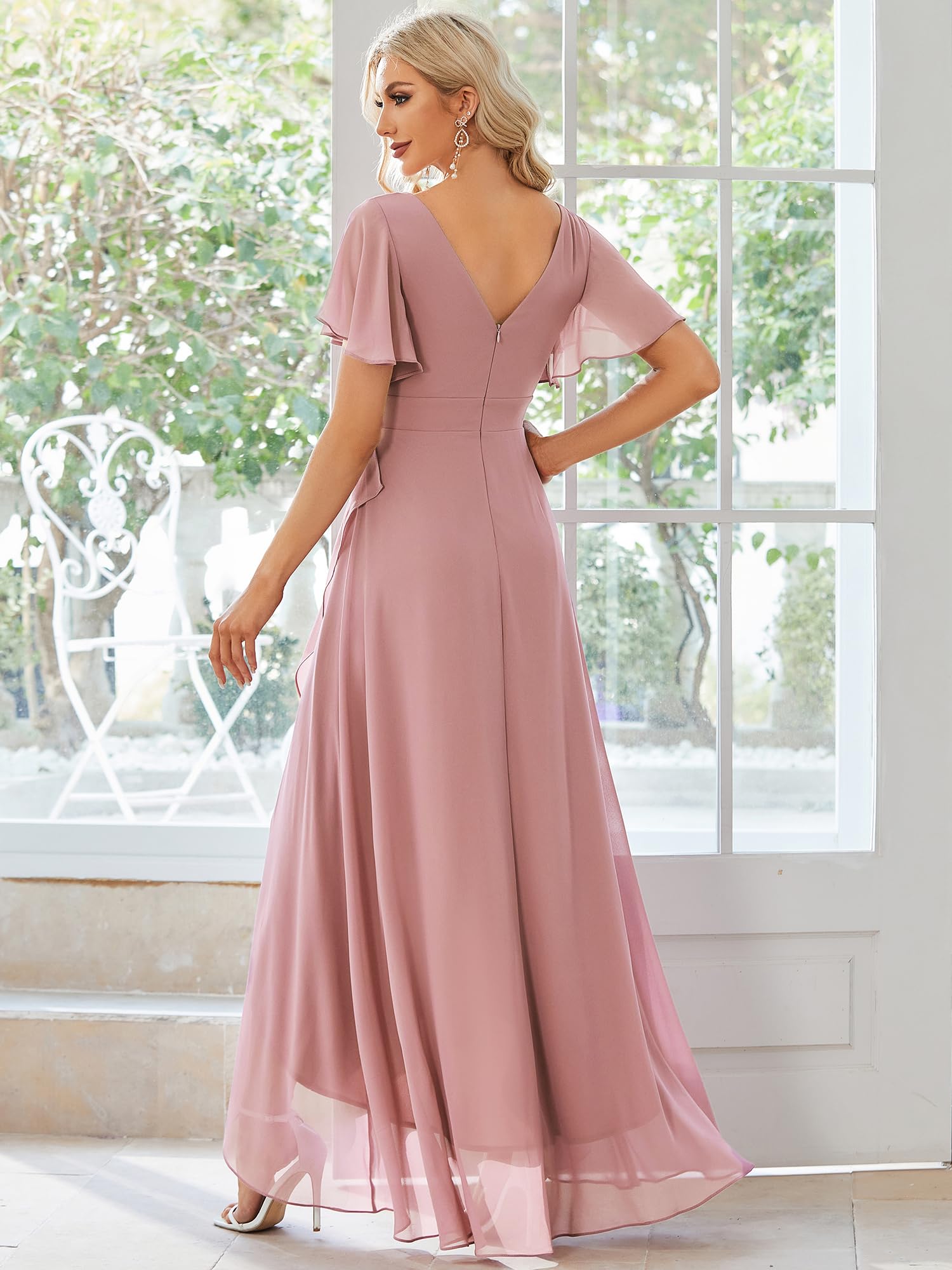 Ever-Pretty Vestido de Fiesta Escote en V Manga Volantes A-línea sin Respaldo Alto Bajo Largo sin Elasticidad para Mujer Elegantes 01749