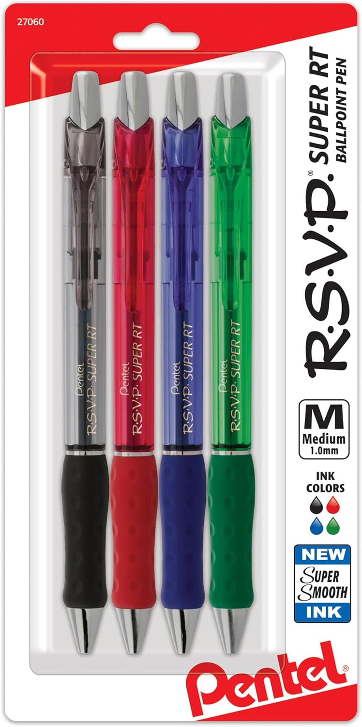 Pentel RSVP Super RT Ballpoint Pen, (1.0mm) Medium Line, Assorted Ink, Pack of 4 (BX480BP4M)