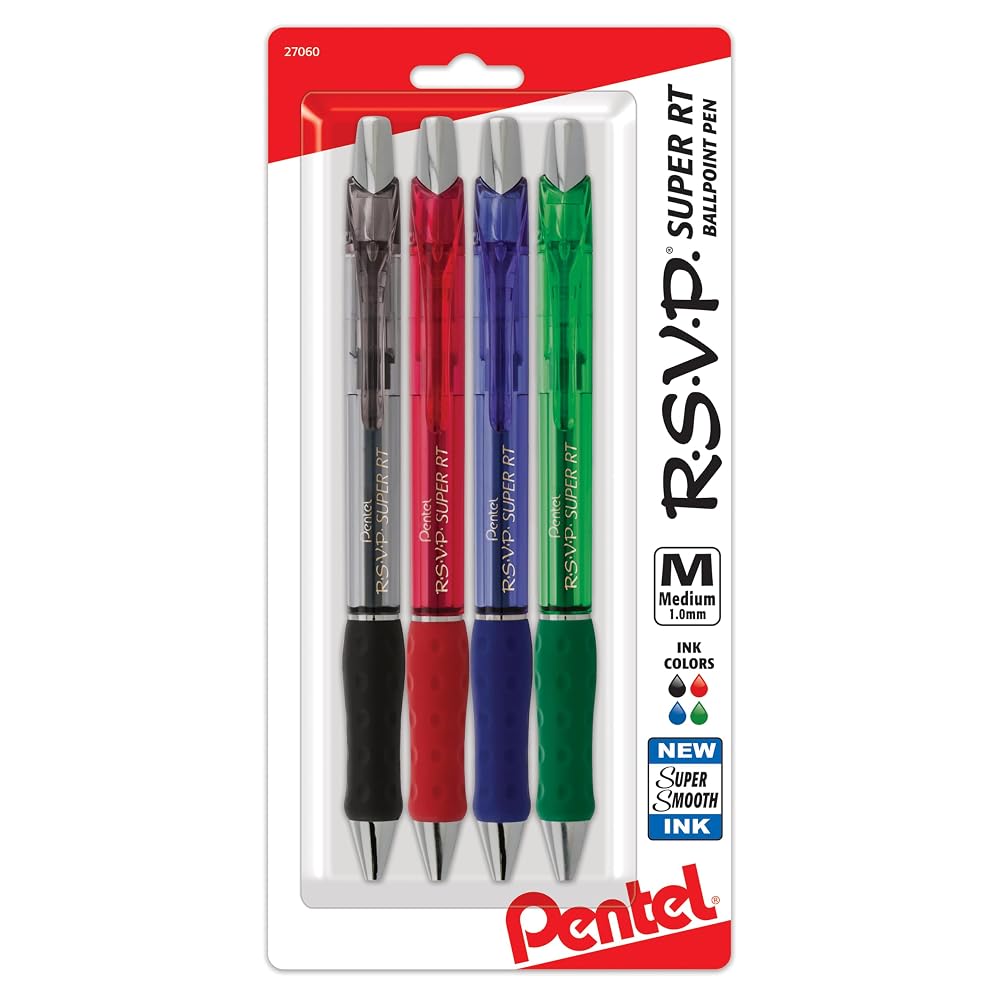 Pentel RSVP Super RT Ballpoint Pen, (1.0mm) Medium Line, Assorted Ink, Pack of 4 (BX480BP4M)