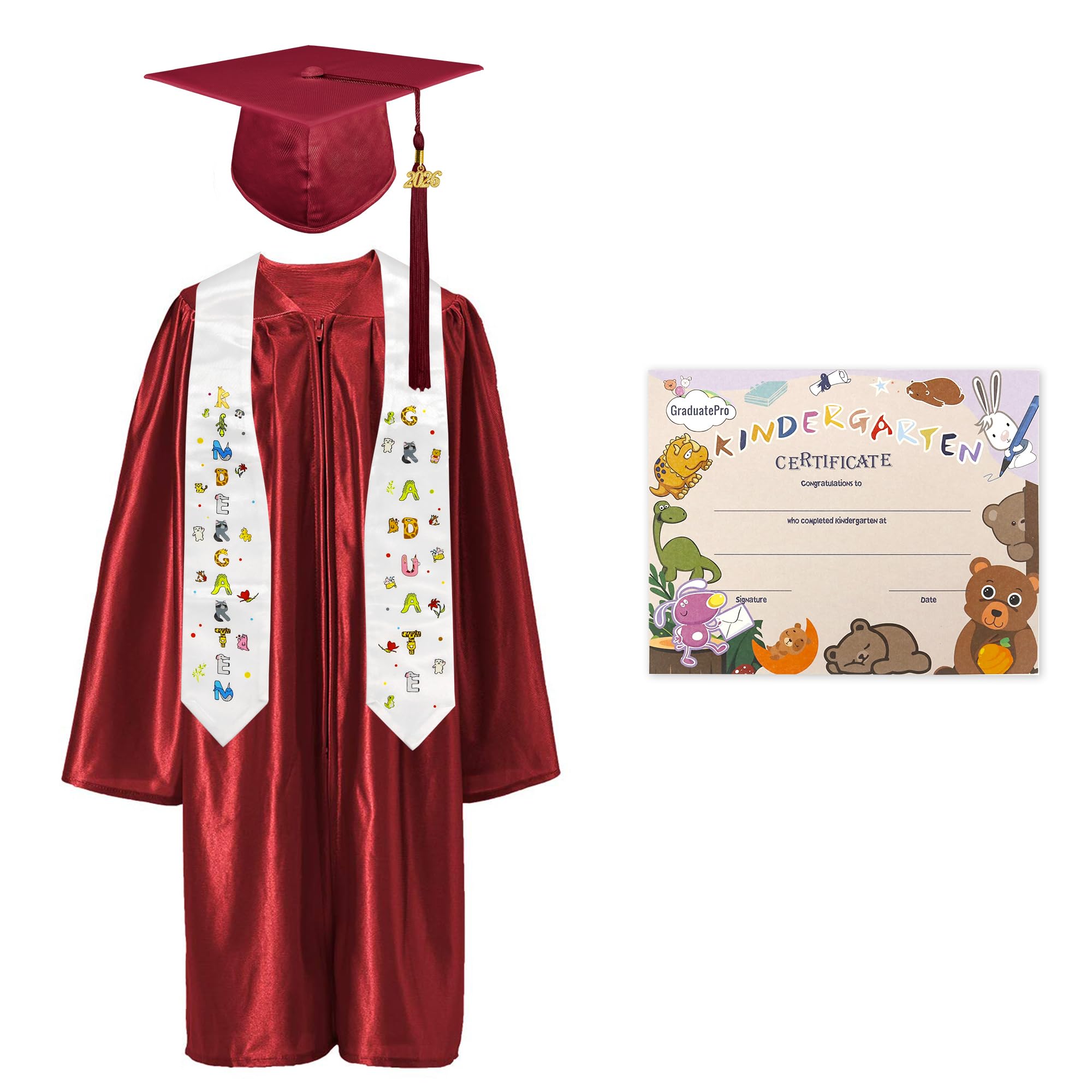 GraduatePro Kindergarten Graduation Cap and Gown Package Class of 2025 for Kids with Stole Certificate