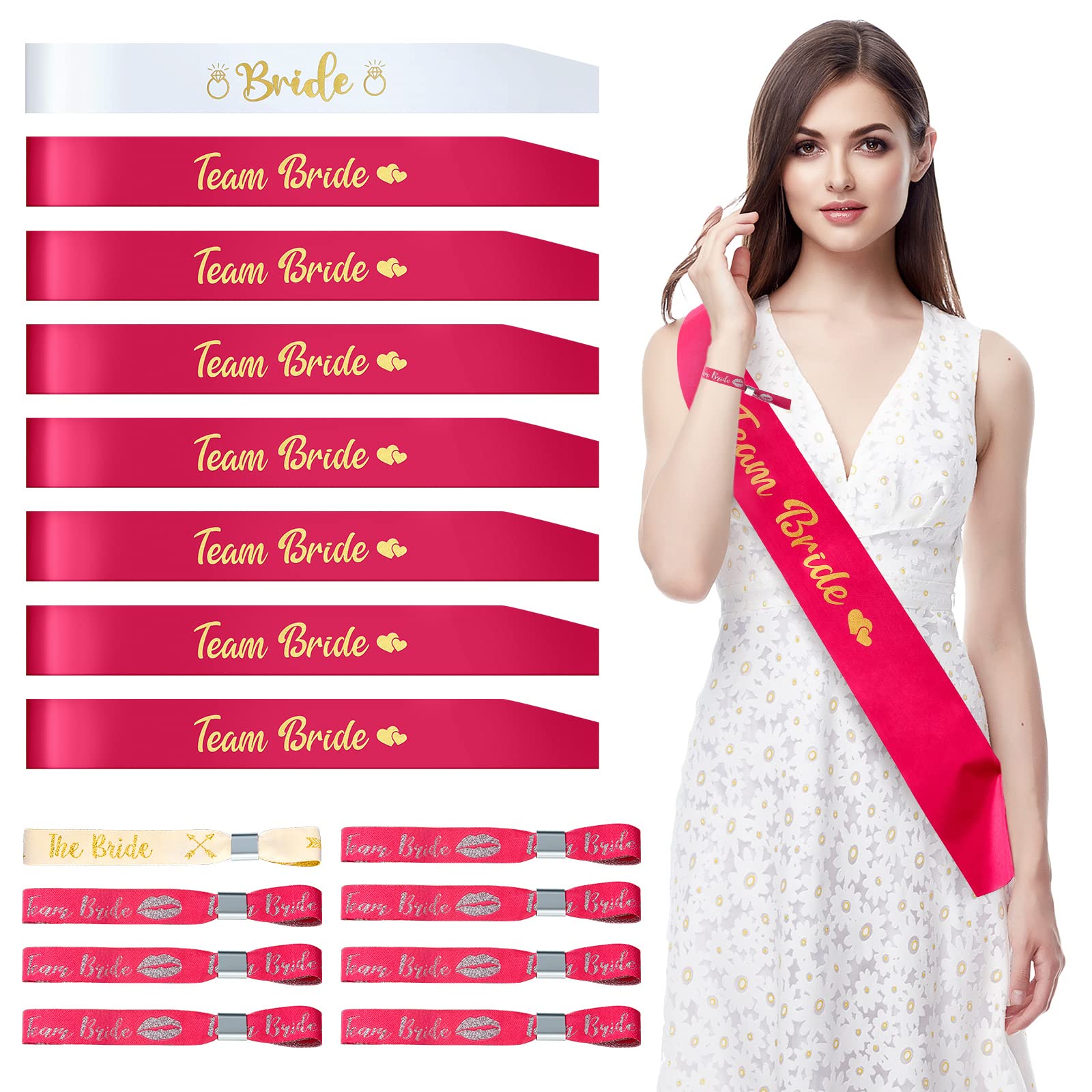 16 Pcs Hen Party Sashes and Wristbands Include 1 Bride Sash 7 Team Bride Sashes and 1 The Bride 7 Team Bride Wristbands for Wedding Bachelorette Bridal Party Favours (White, Rose Red)