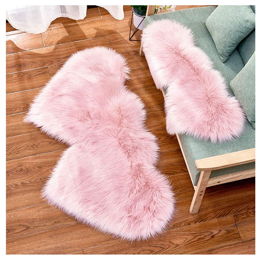 DAIHAN Double en Forme de Coeur Tapis en Fausse Fourrure Moelleux Shaggy,Tapis en Fausse Fourrure De Mouton Antidérapant pour Chambre d'enfant, Chambre à Coucher Pink 60 * 120cm